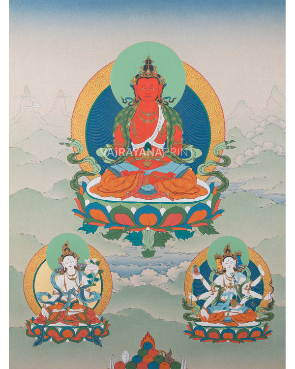 Amitayus with White Tara and Namgyalma Thanka Print