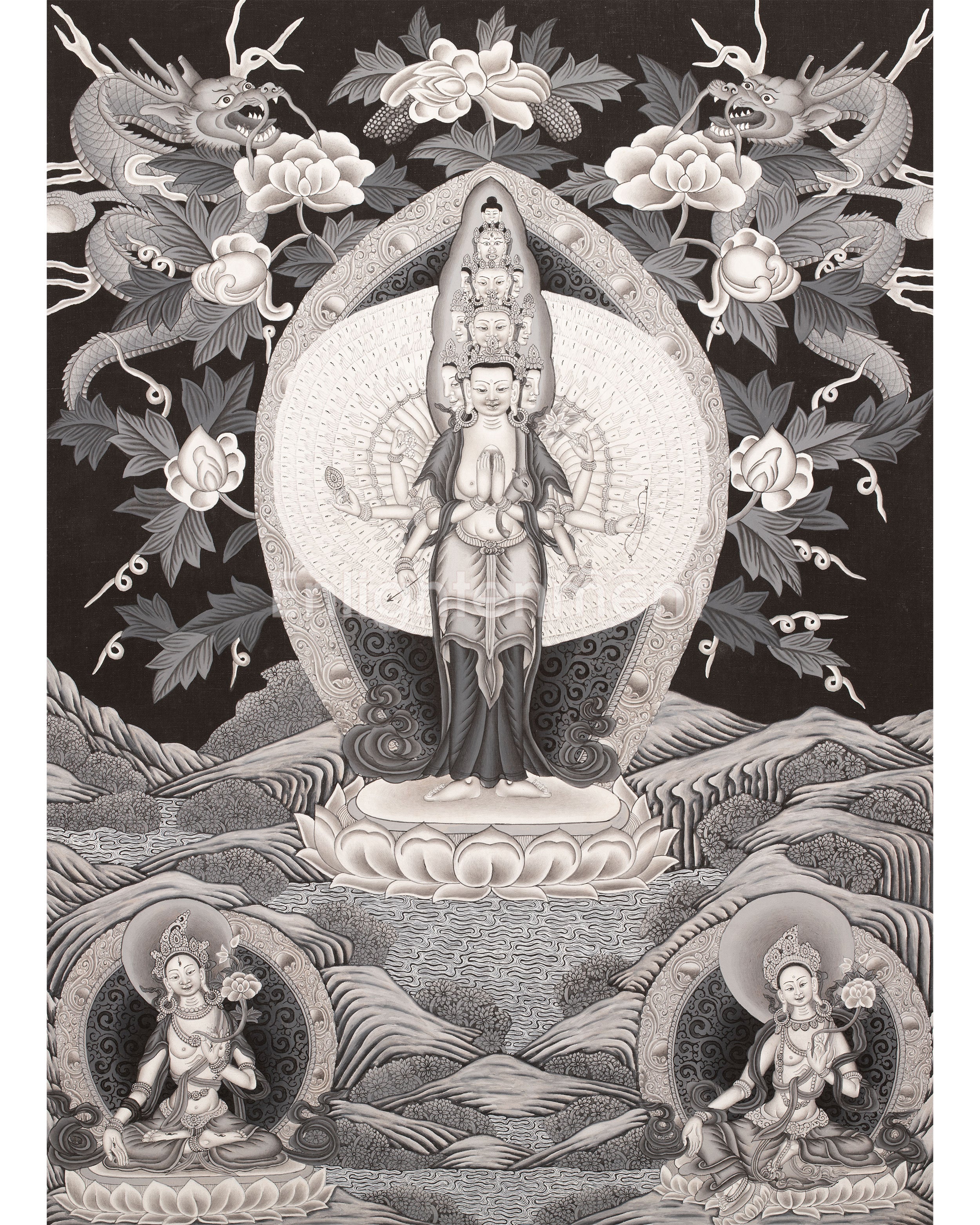 Avalokiteshvara Thangka flanked by Green and White Tara