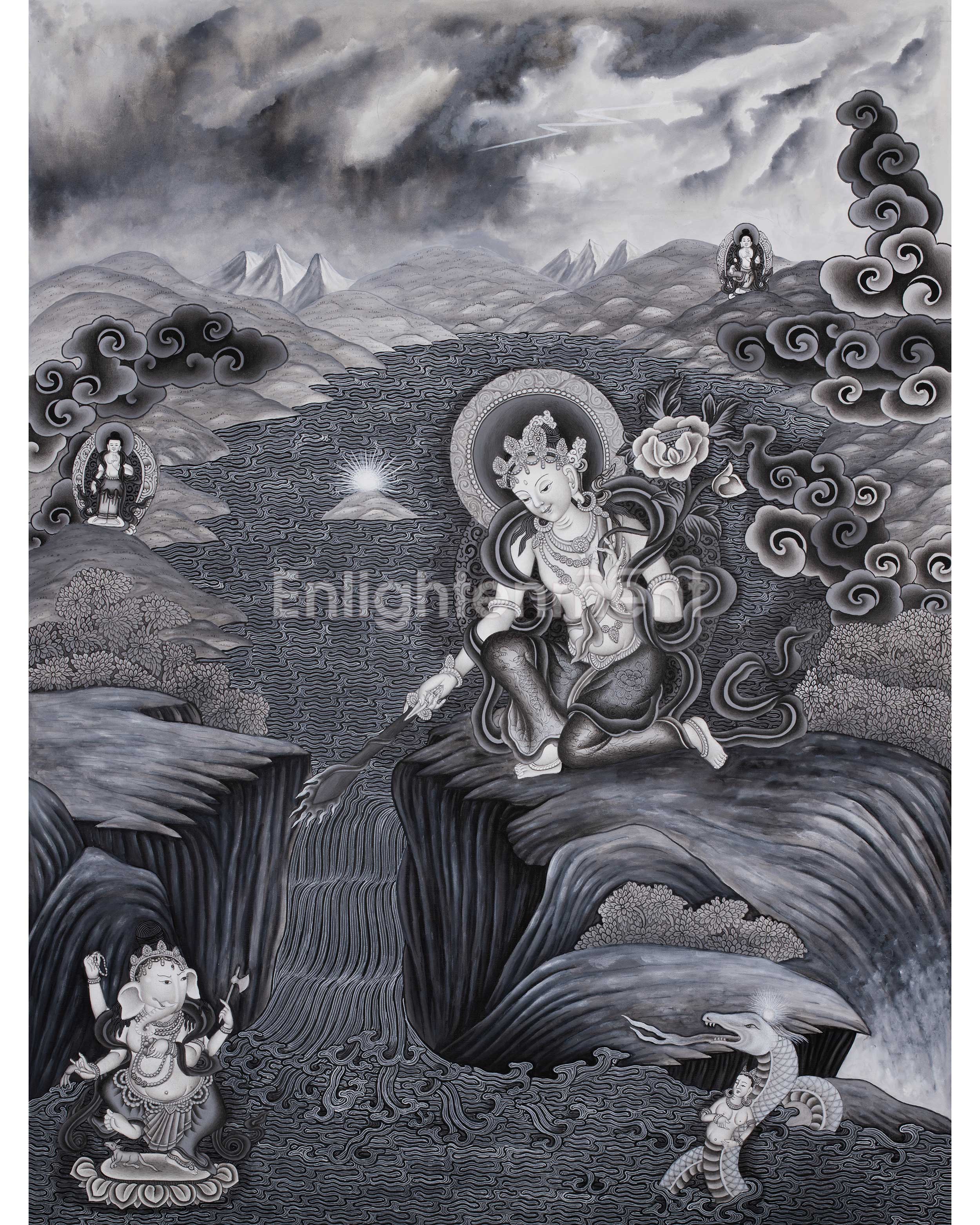 Boddhisattva Manjushree Thangka Creating Kathmandu Valley With The Self Born Light Swayambhu