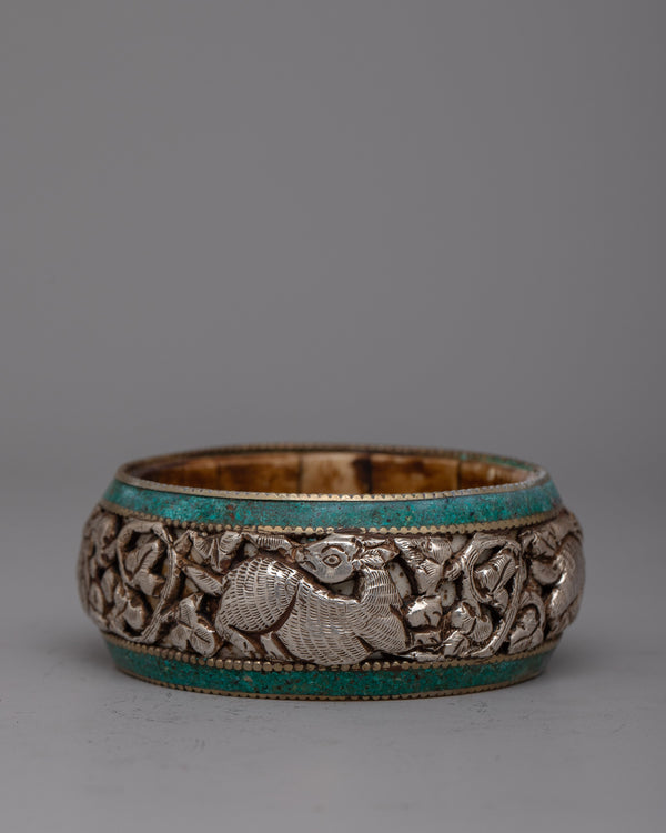 Intricately Carved Round Silver Bangle
