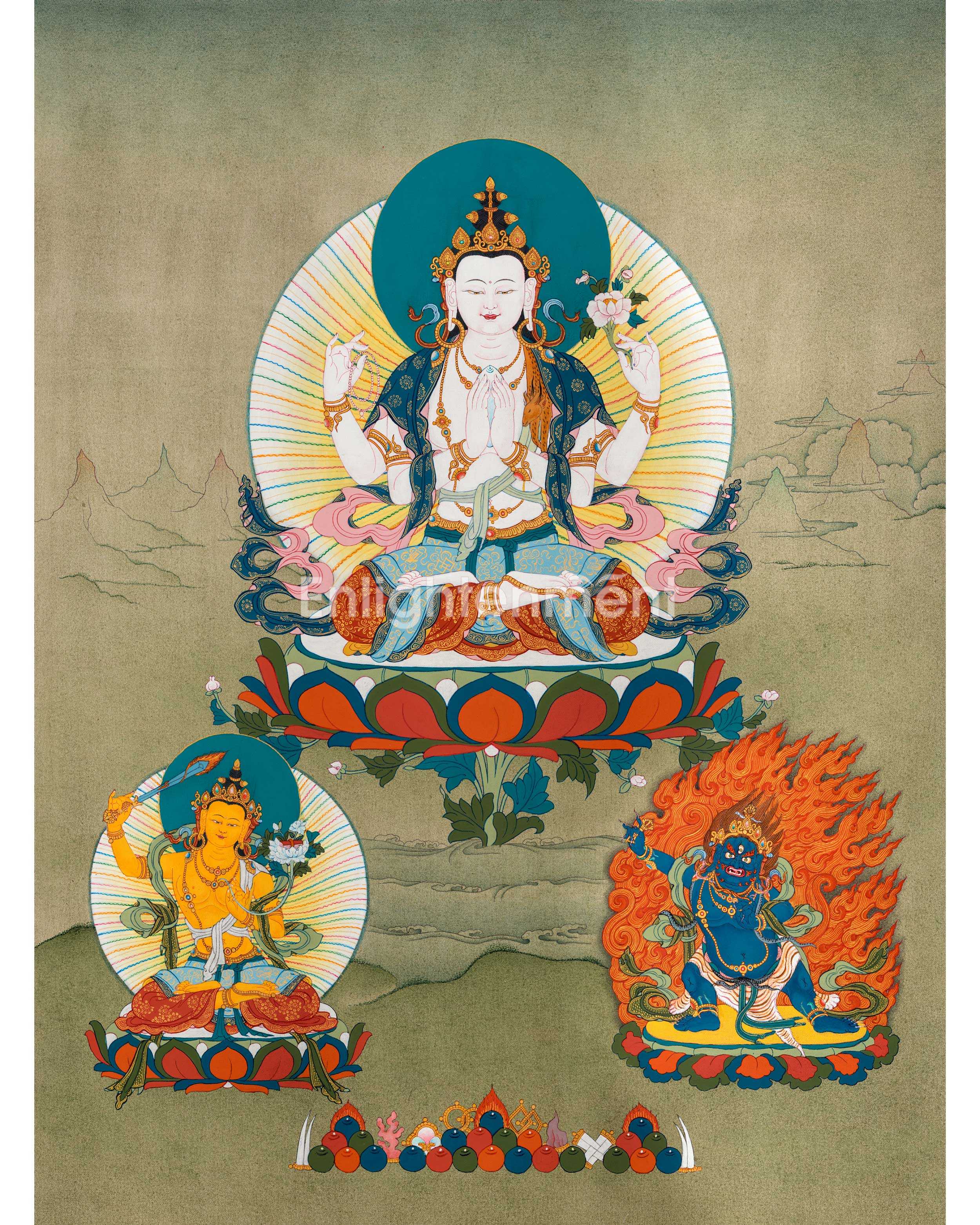 Chenrezig, Manjushri and Vajrapani, Trio Bodhisattva Thangka