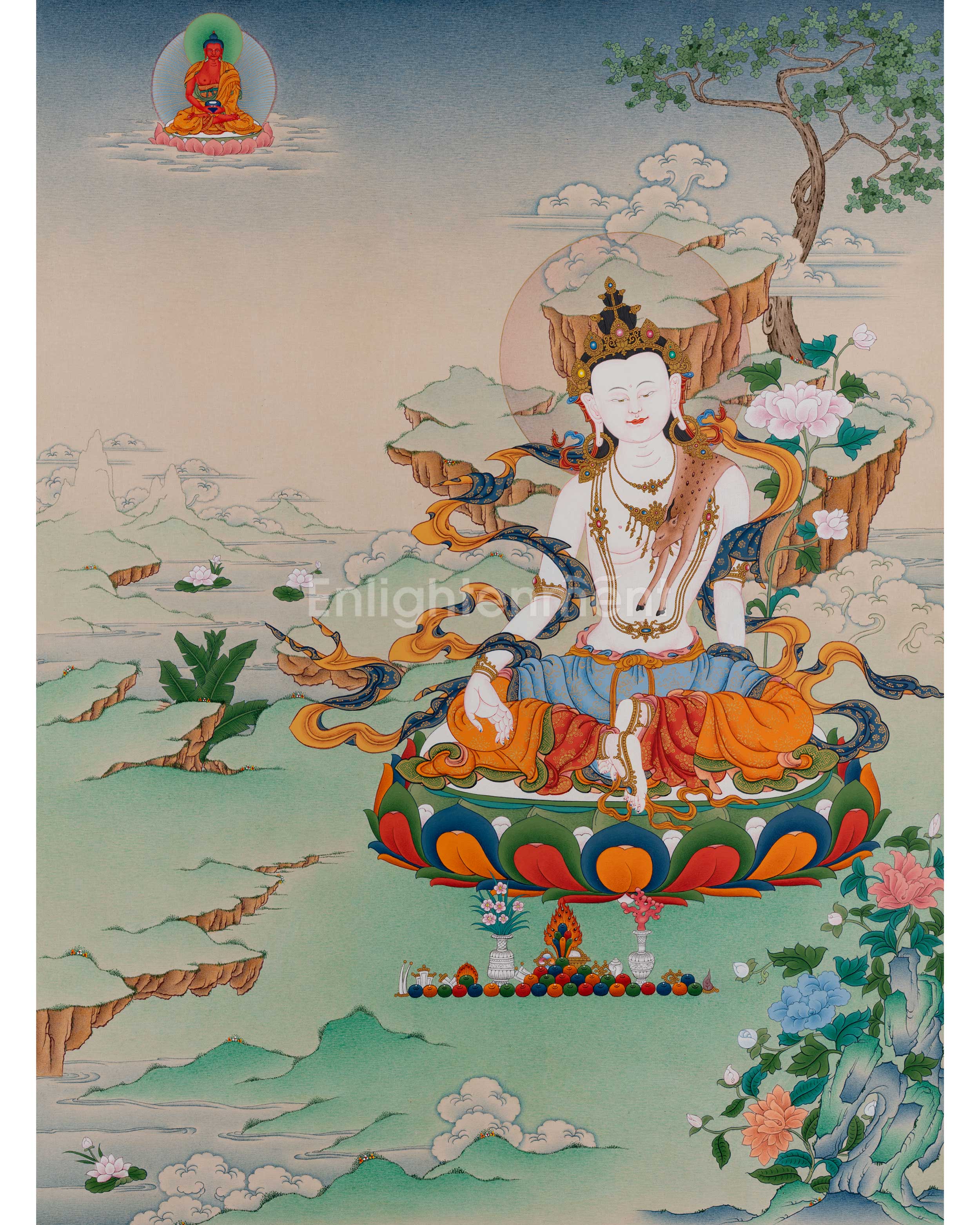Chenrezig (Avalokiteshvara) with Amitabha Buddha Thangka | Unique Tibetan Buddhist Art