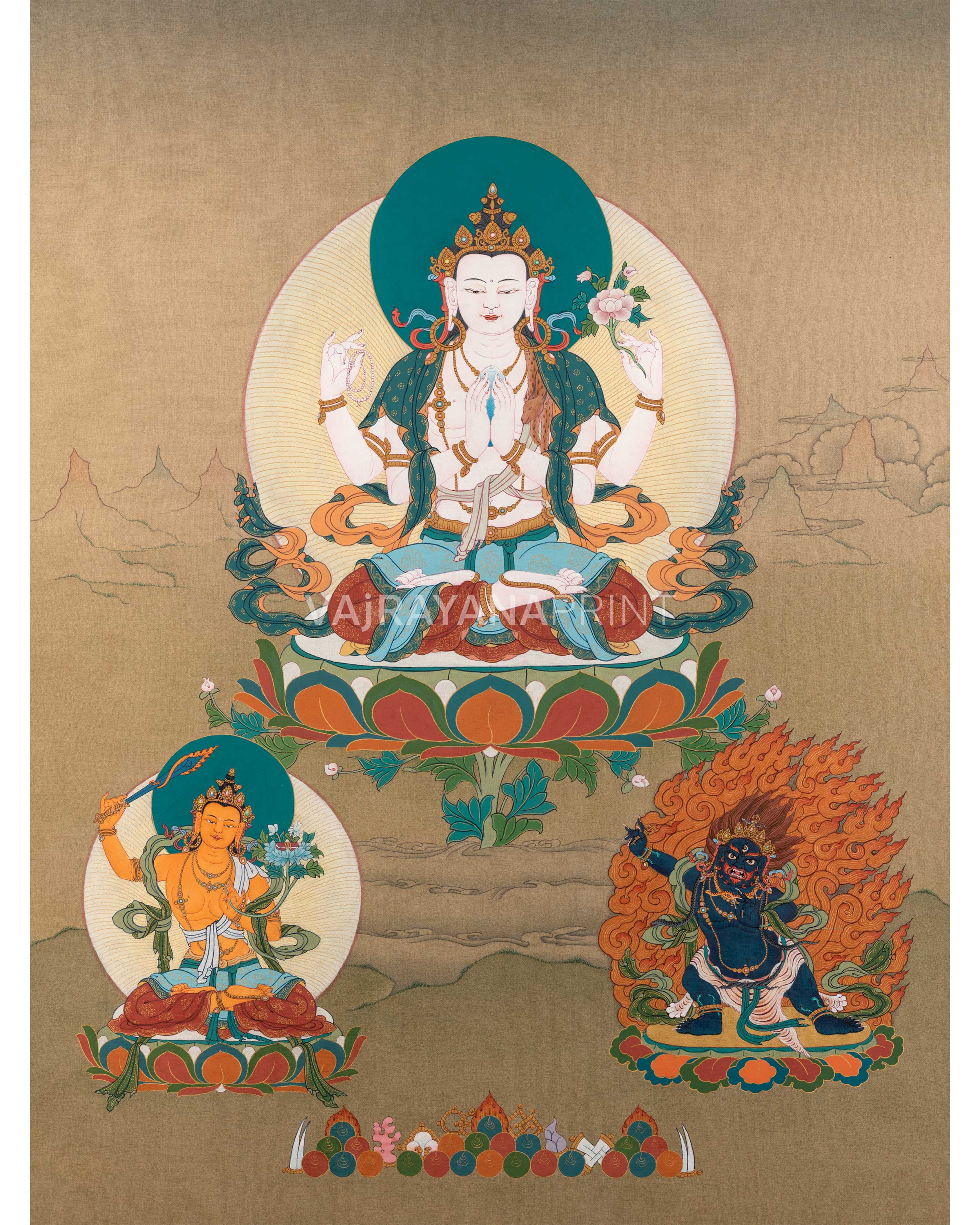 Chenrezig With Manjushri & Vajrapani Thangka Print