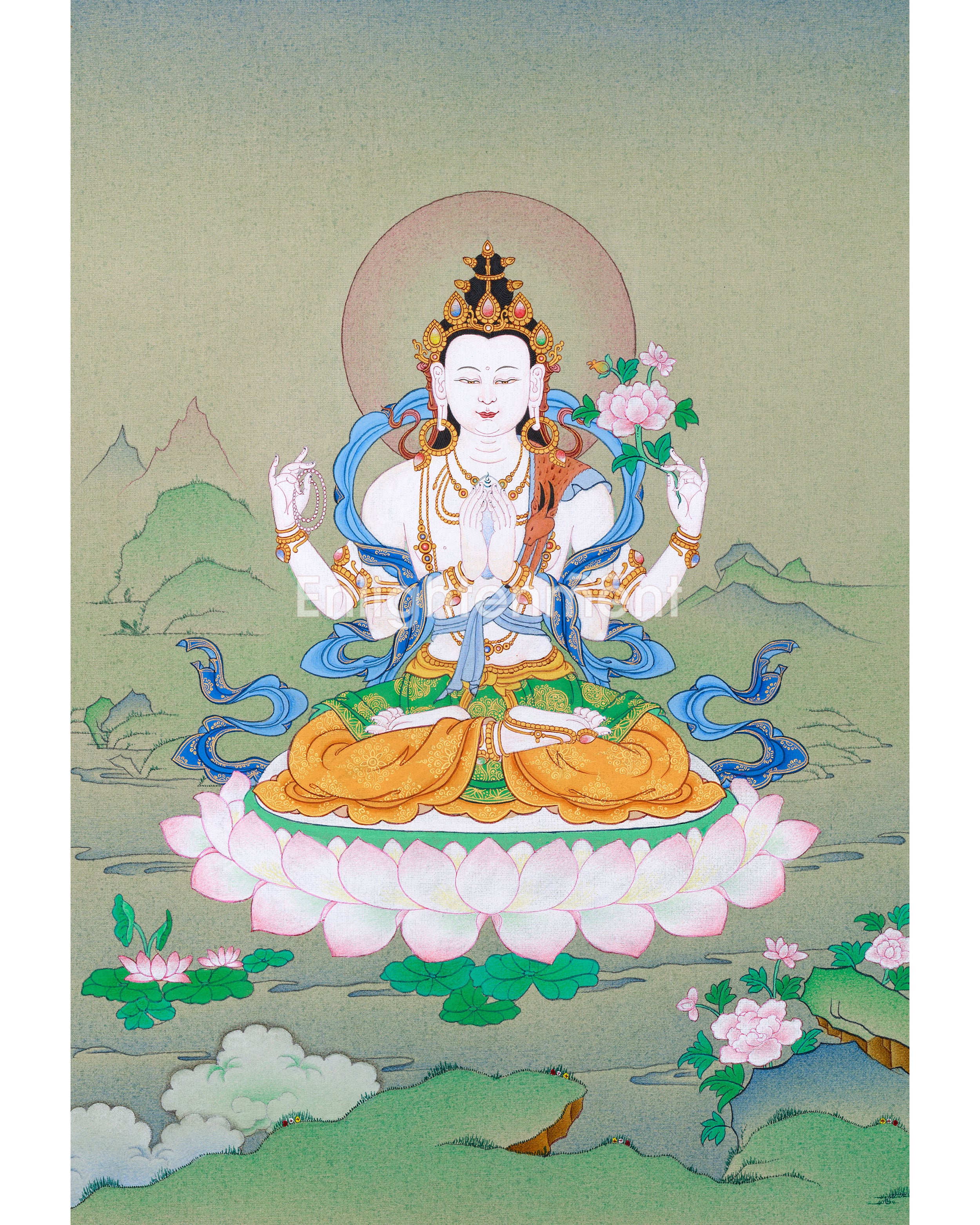Small Hand-Painted Chenresig Thangka: Four Arm Bodhisattva | Compassion Deity