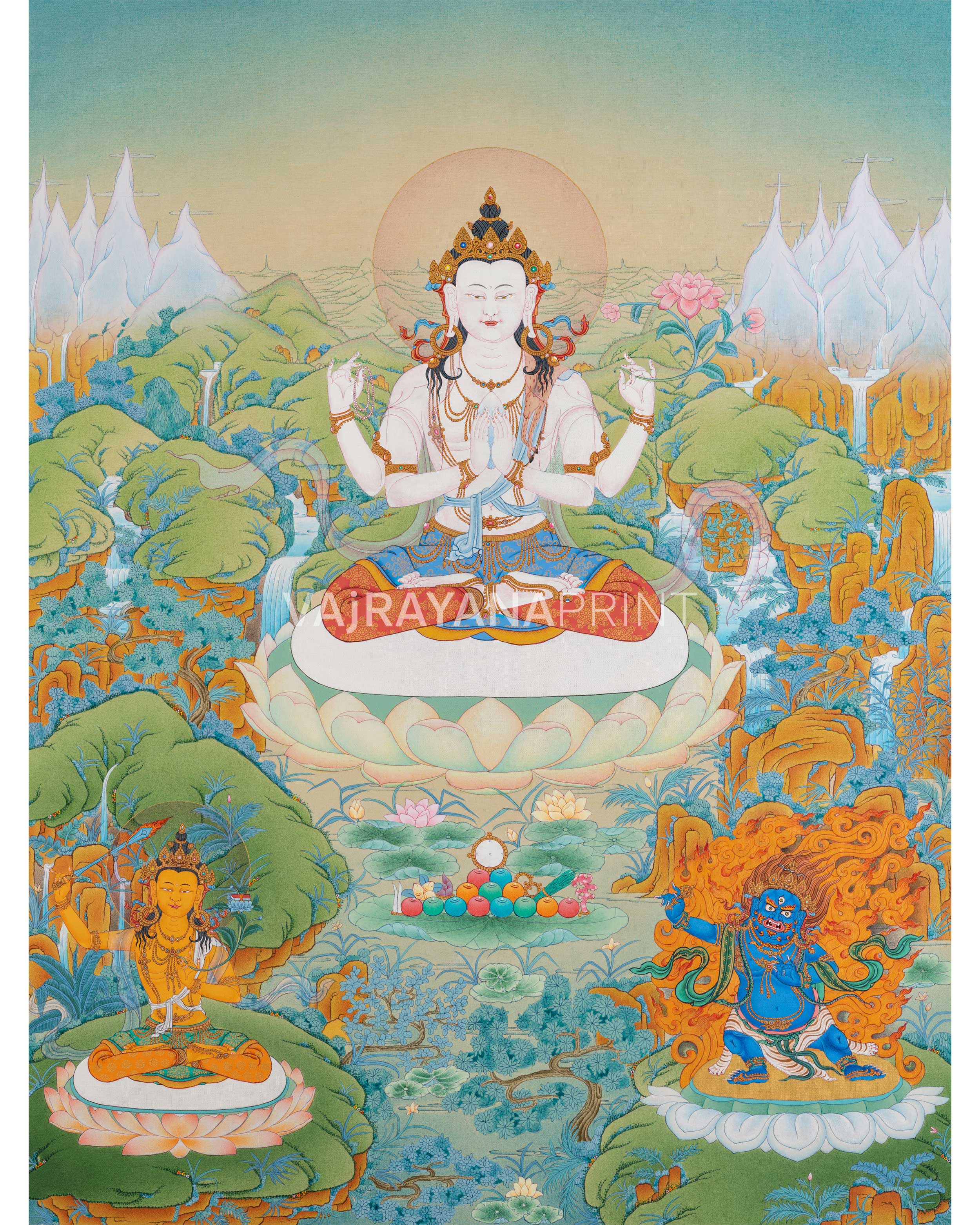 Four-Armed Chenresig Thangka Print for Divine Wisdom