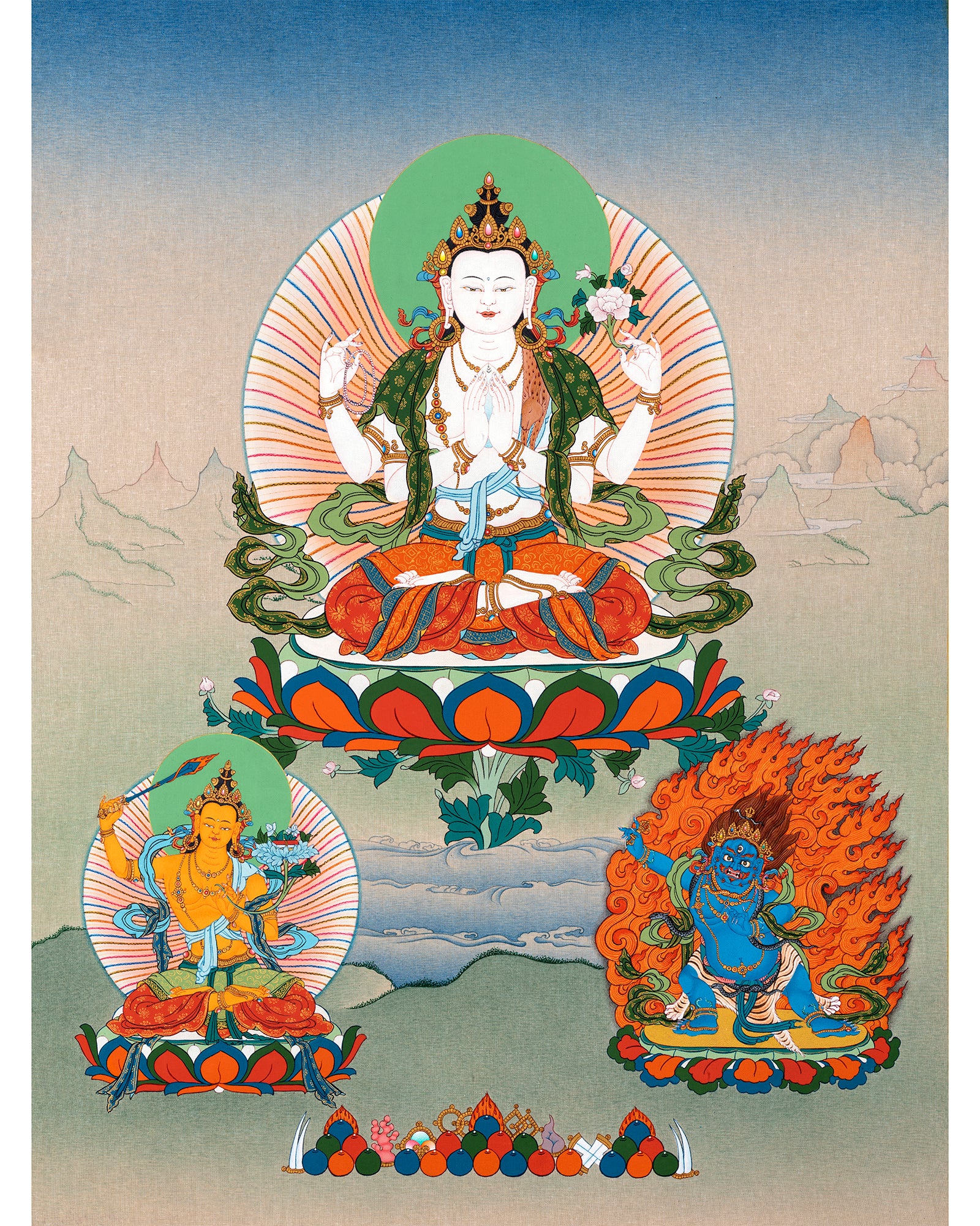 Avalokiteshvara- Chenrezig, Manjushri & Vajrapani Thangka Painting, Tibetan Buddhist Art