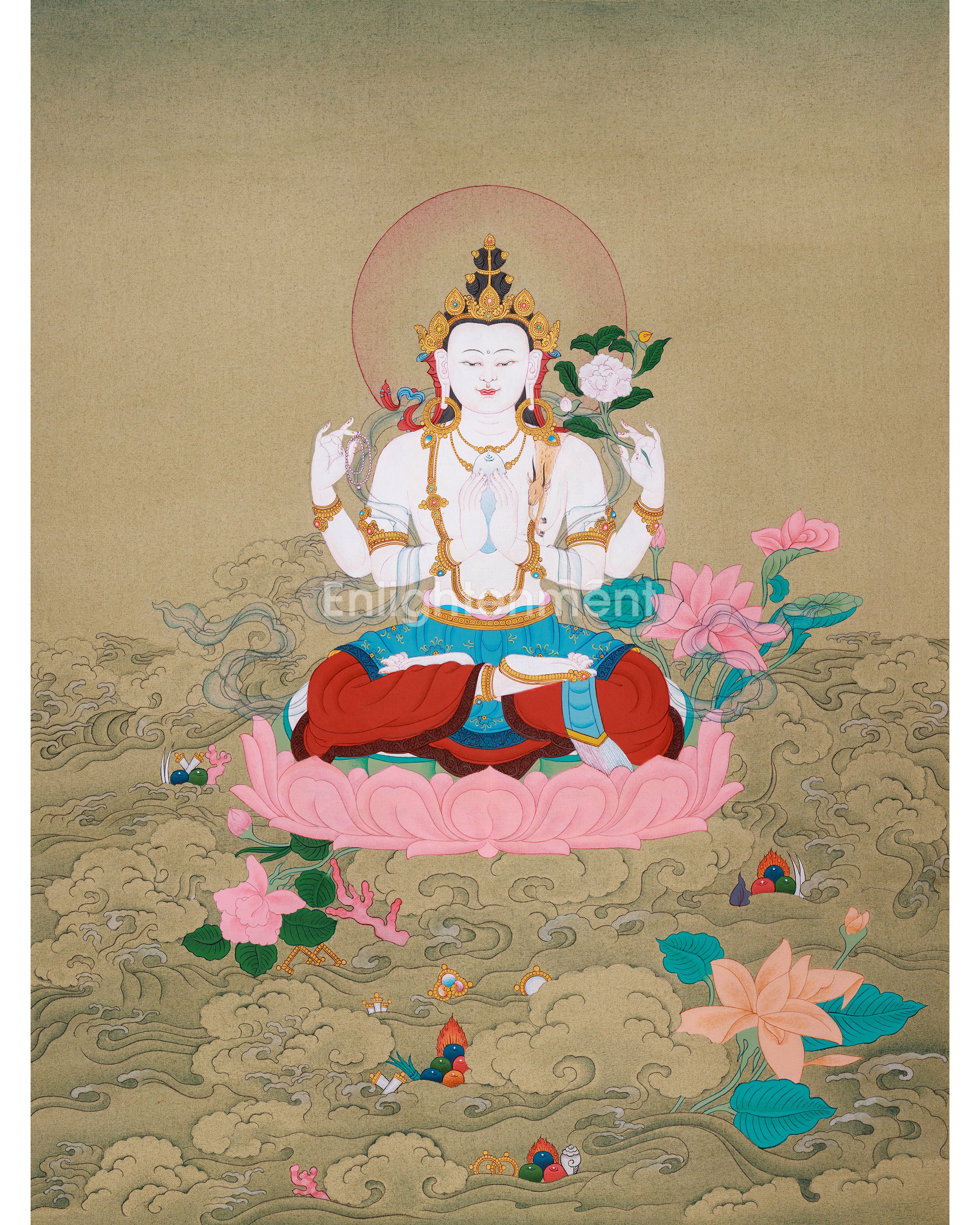 Avalokiteshvara Chenresig Thangka | Hand-painted Thangka on Cotton Canvas