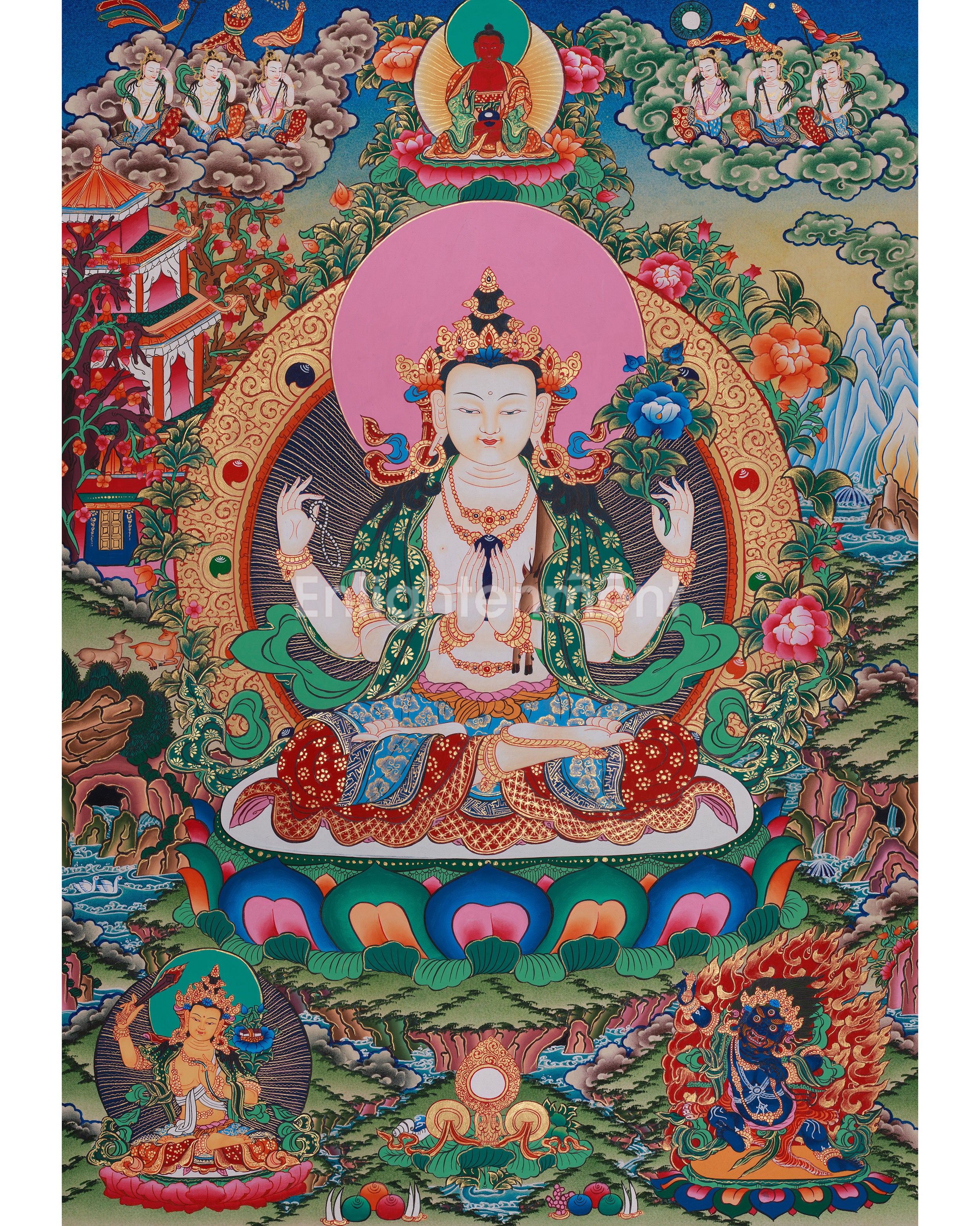 Chenrezig with Amitabha, Manjushri, and Vajrapani Thangka