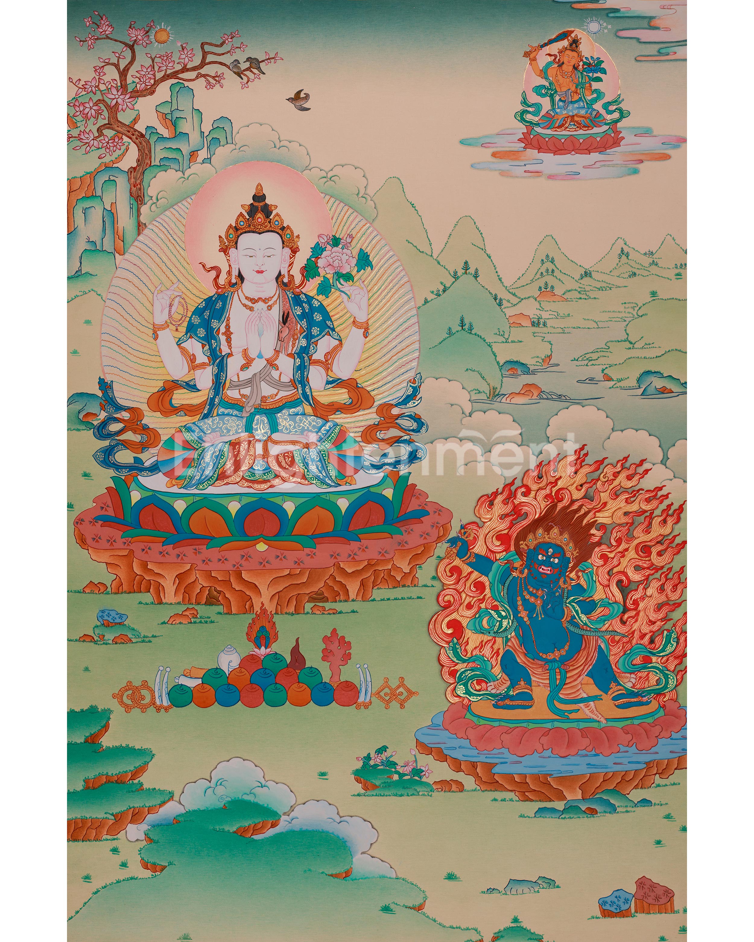 Chenrezig with Vajrapani and Manjushri Thangka