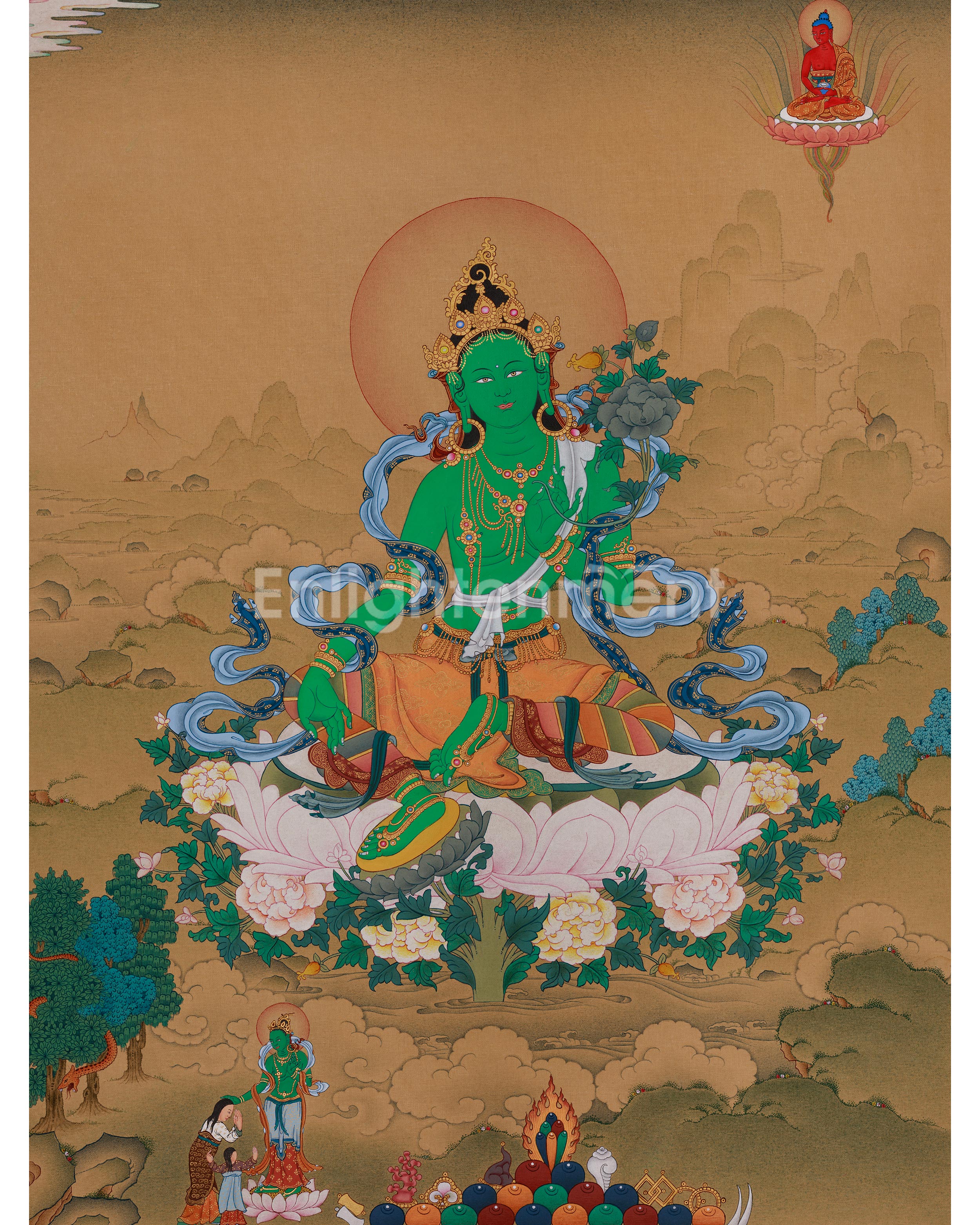 Divine Thangka of Green Tara with Amitabha Buddha