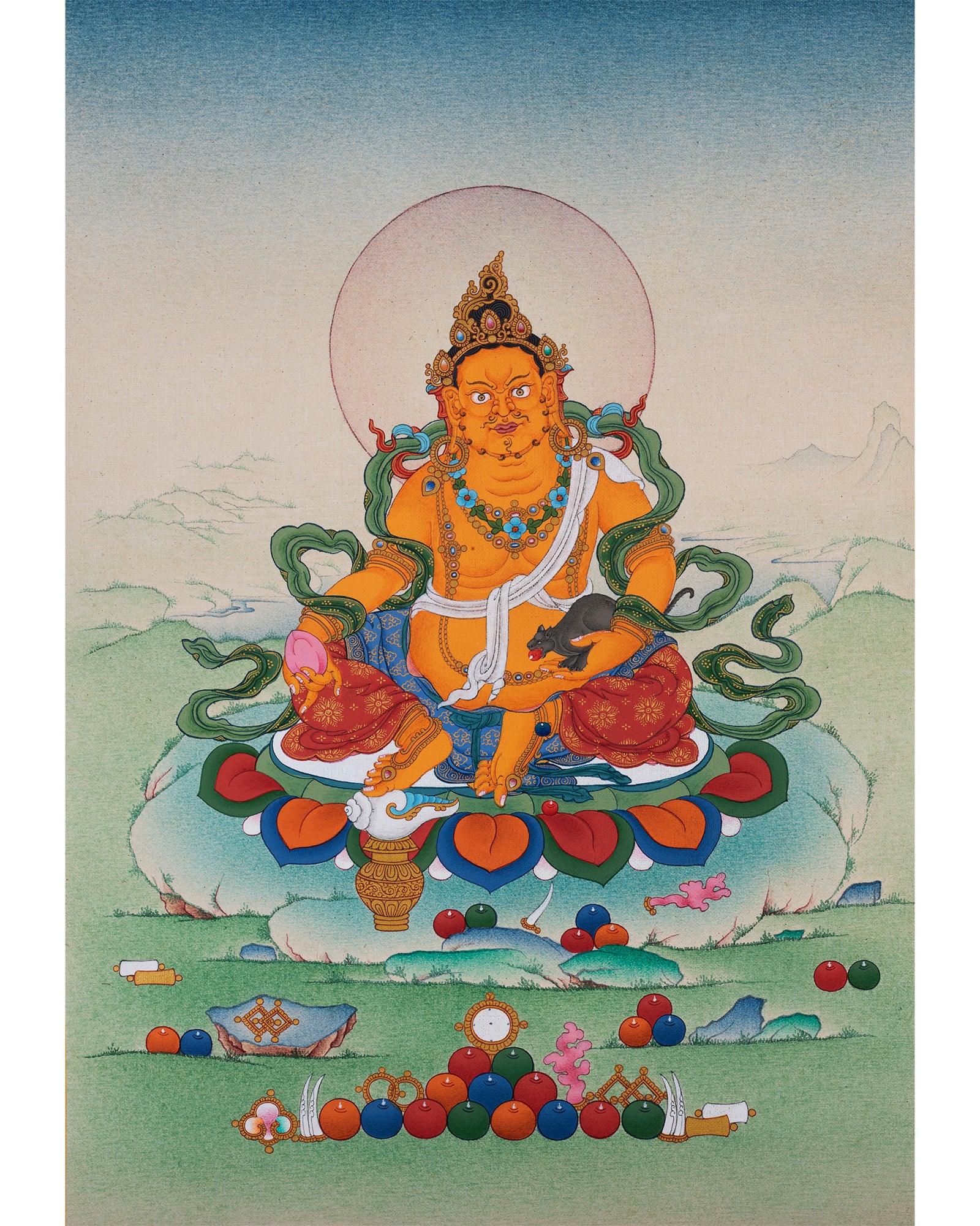 Jambala Thangka | Dzambala Wealth Deity | Hand-Painted with Natural Stone Color And 24K Gold