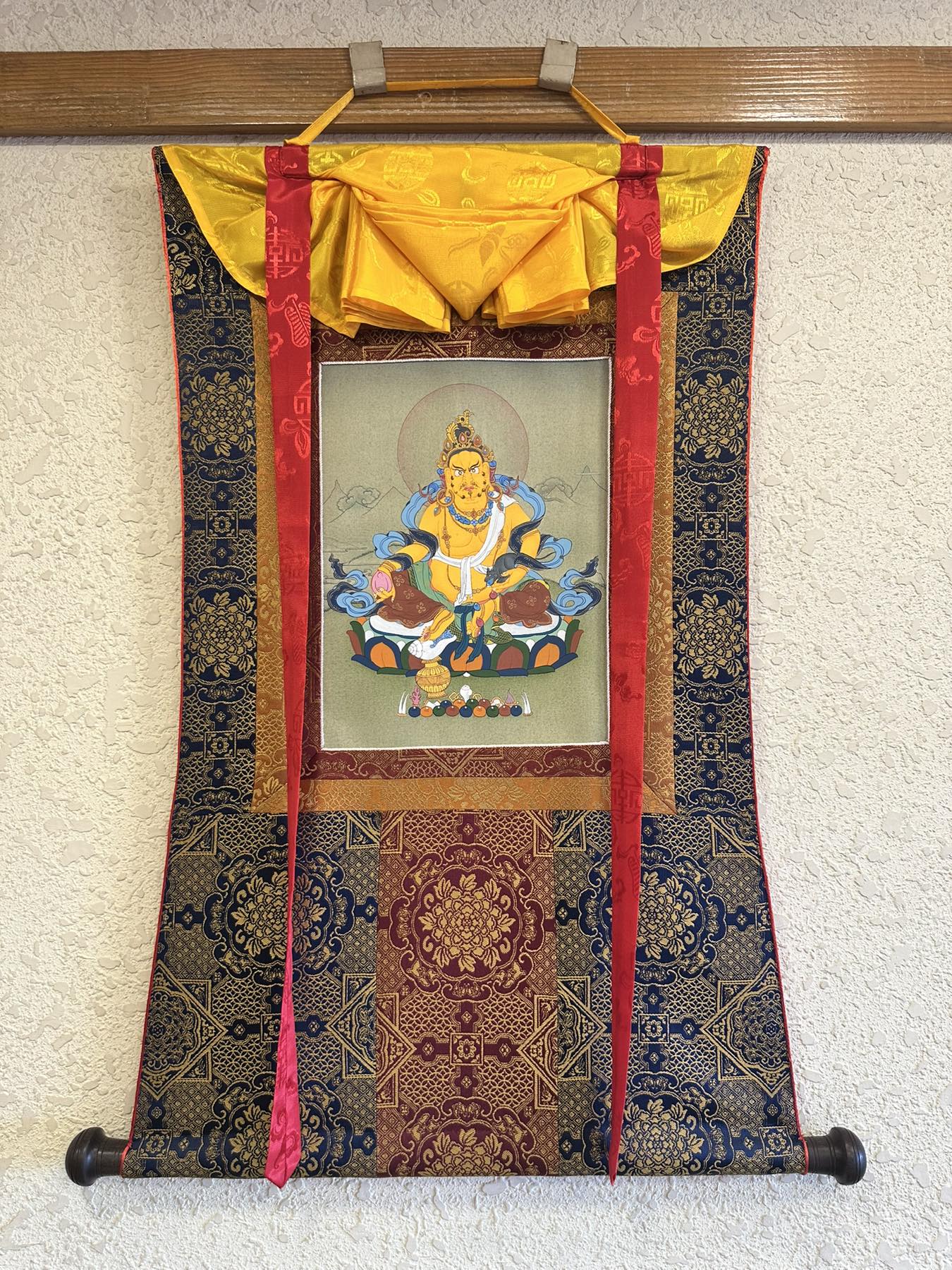 Sacred Kuber, Buddhist Wealth Deity | Dzambhala Thangka for Prosperity With Brocade