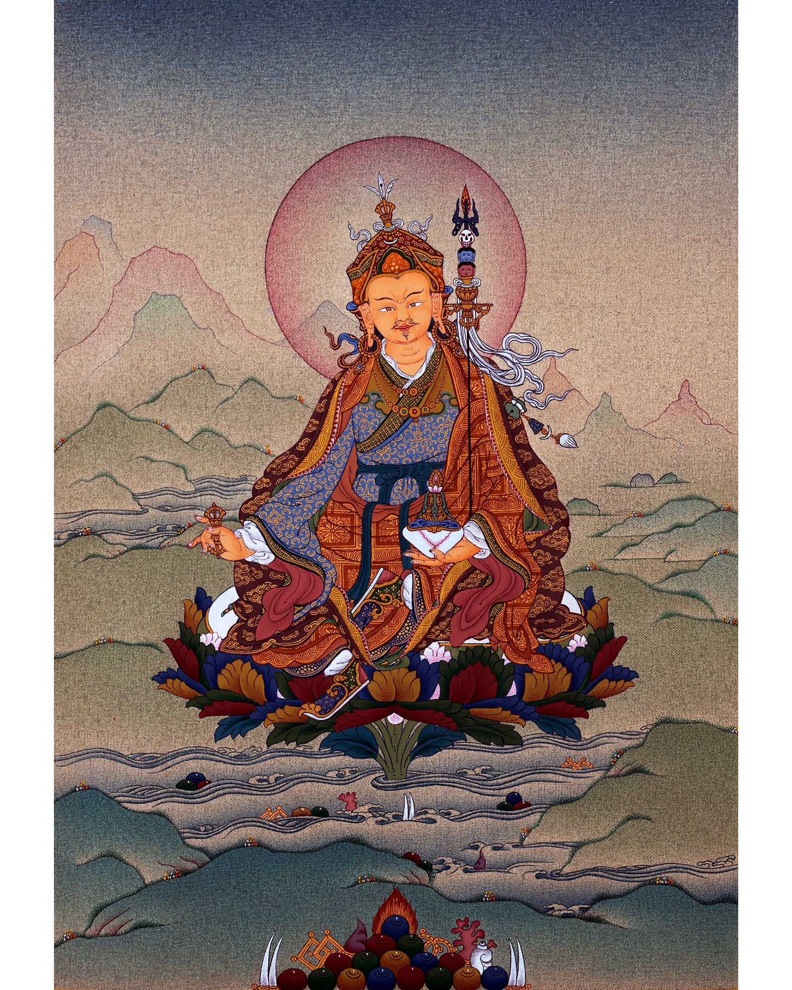 Guru Rinpoche, Padmasambhava Thangka, Hand Painted Tibetan Buddhist Painting in 24K Gold
