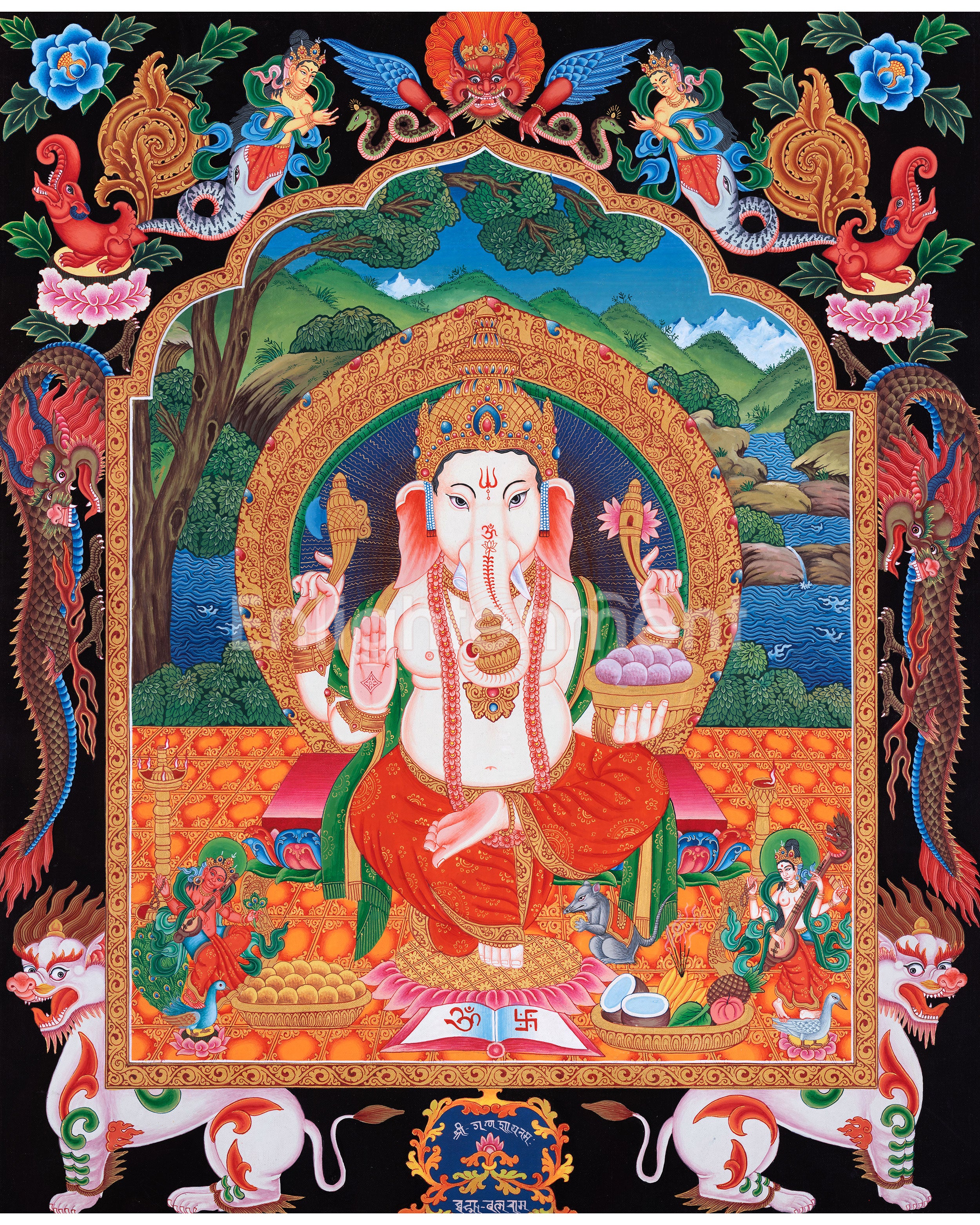 Ganesh Thangka Painting With Kartikeya and Saraswati