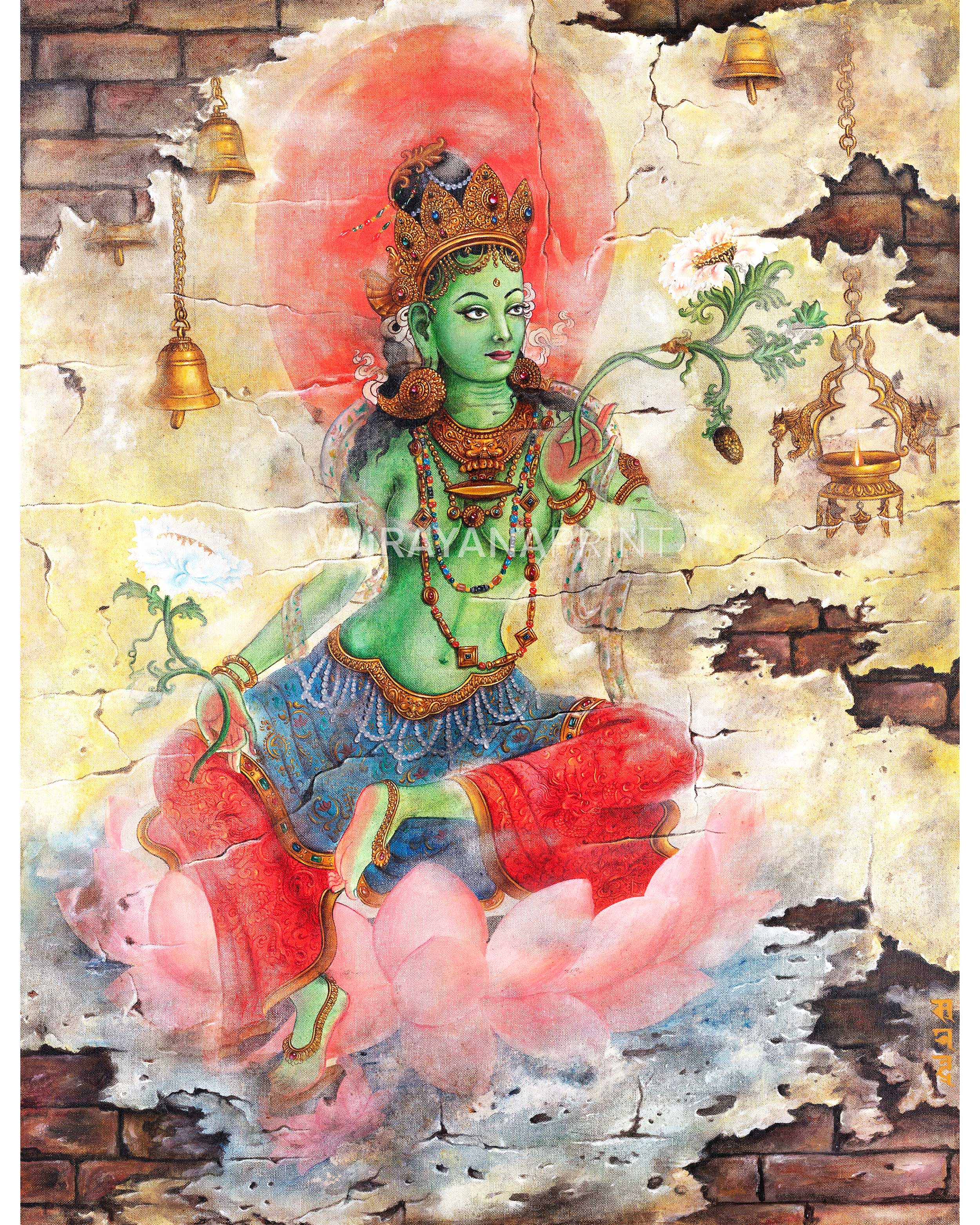 Exquisite Green Tara Thangka Print