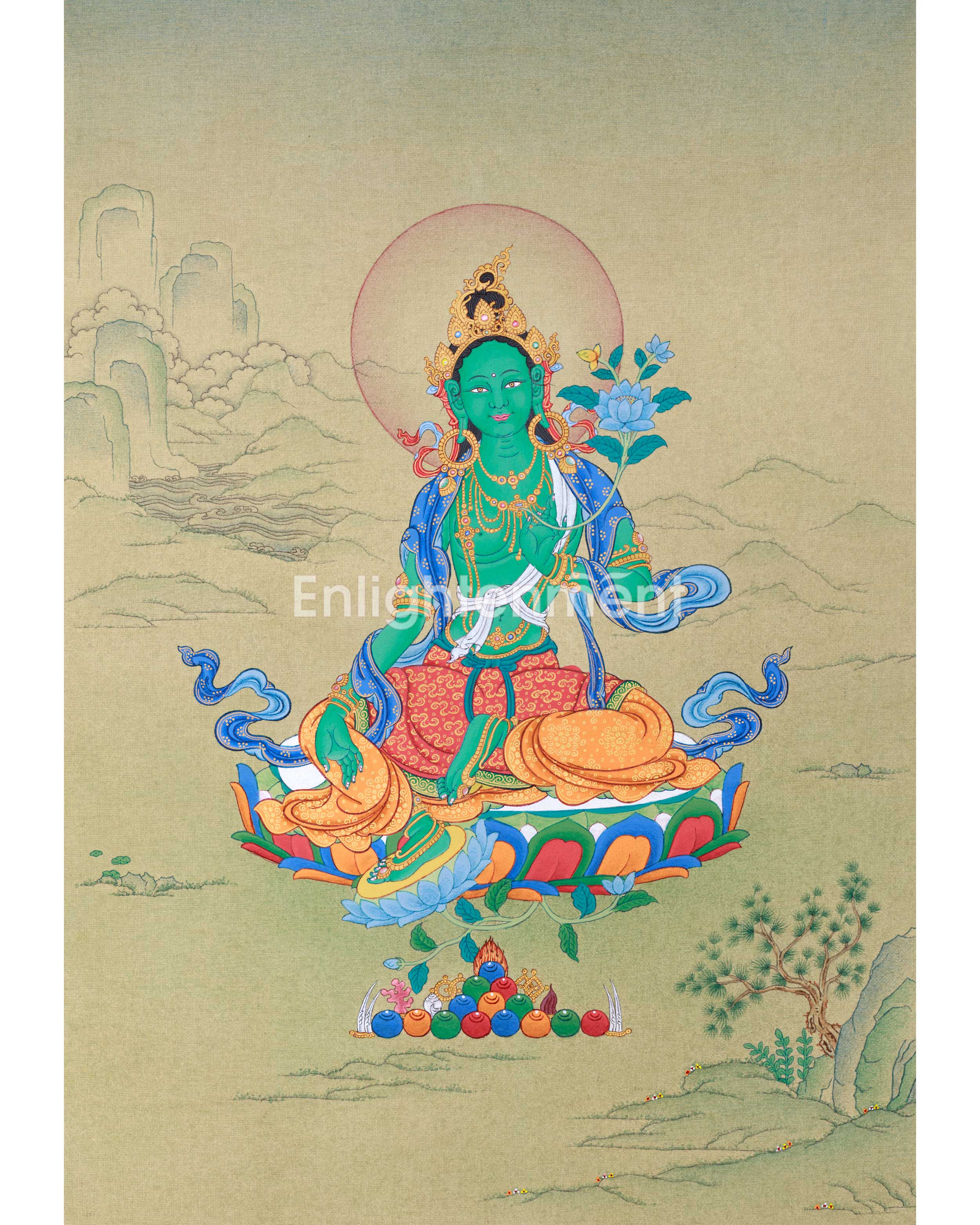 Hand Painted Small Thangka of Green Tara