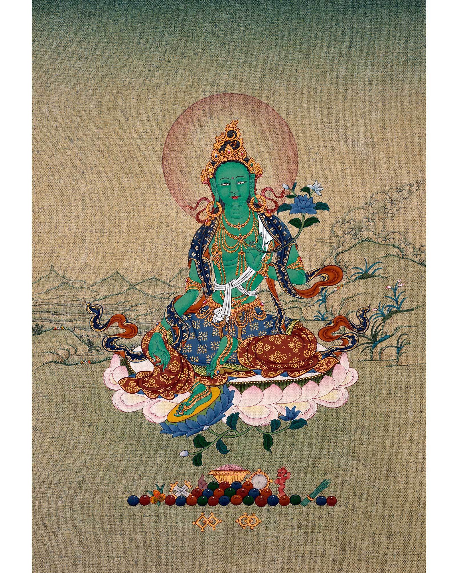 Green Tara, Dolma Tibetan Thangka, Hand Painted Tara in Natural Stone Colors and 24K Gold
