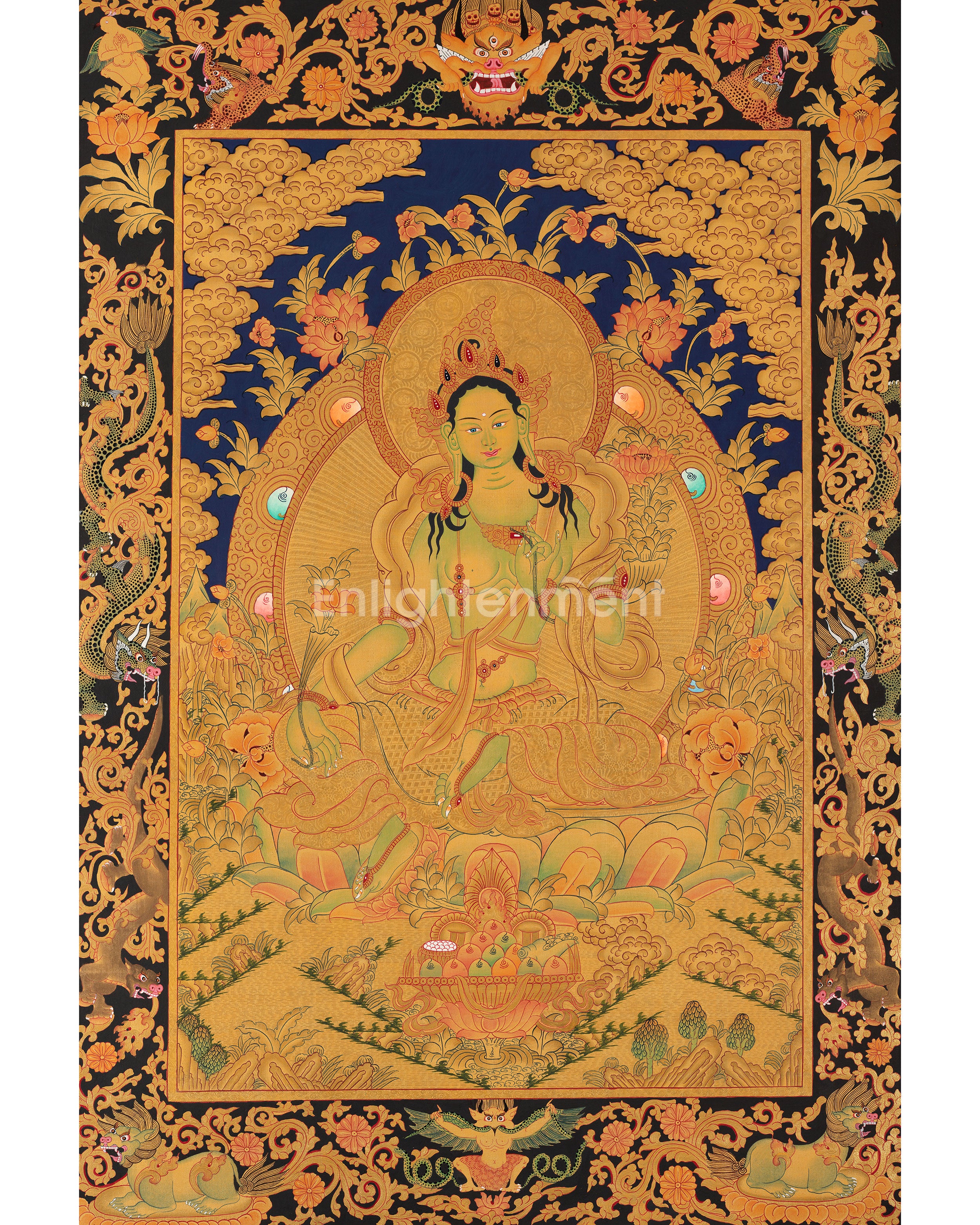 Green Tara Thangka With Dragon Border