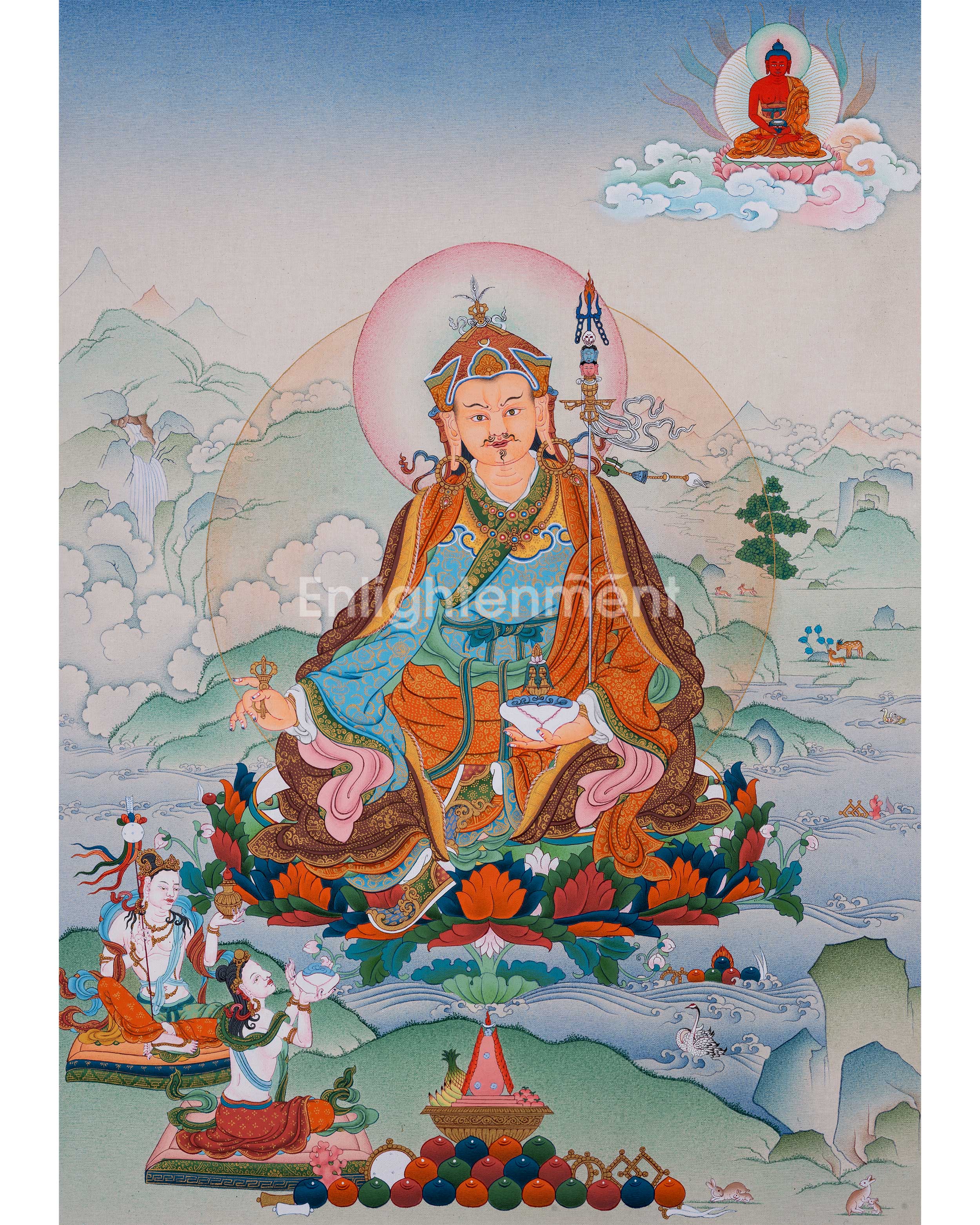 Guru Rinpoche Thangka with Mandarva and Yeshe Tsogyal | Amitabha Buddha Atop