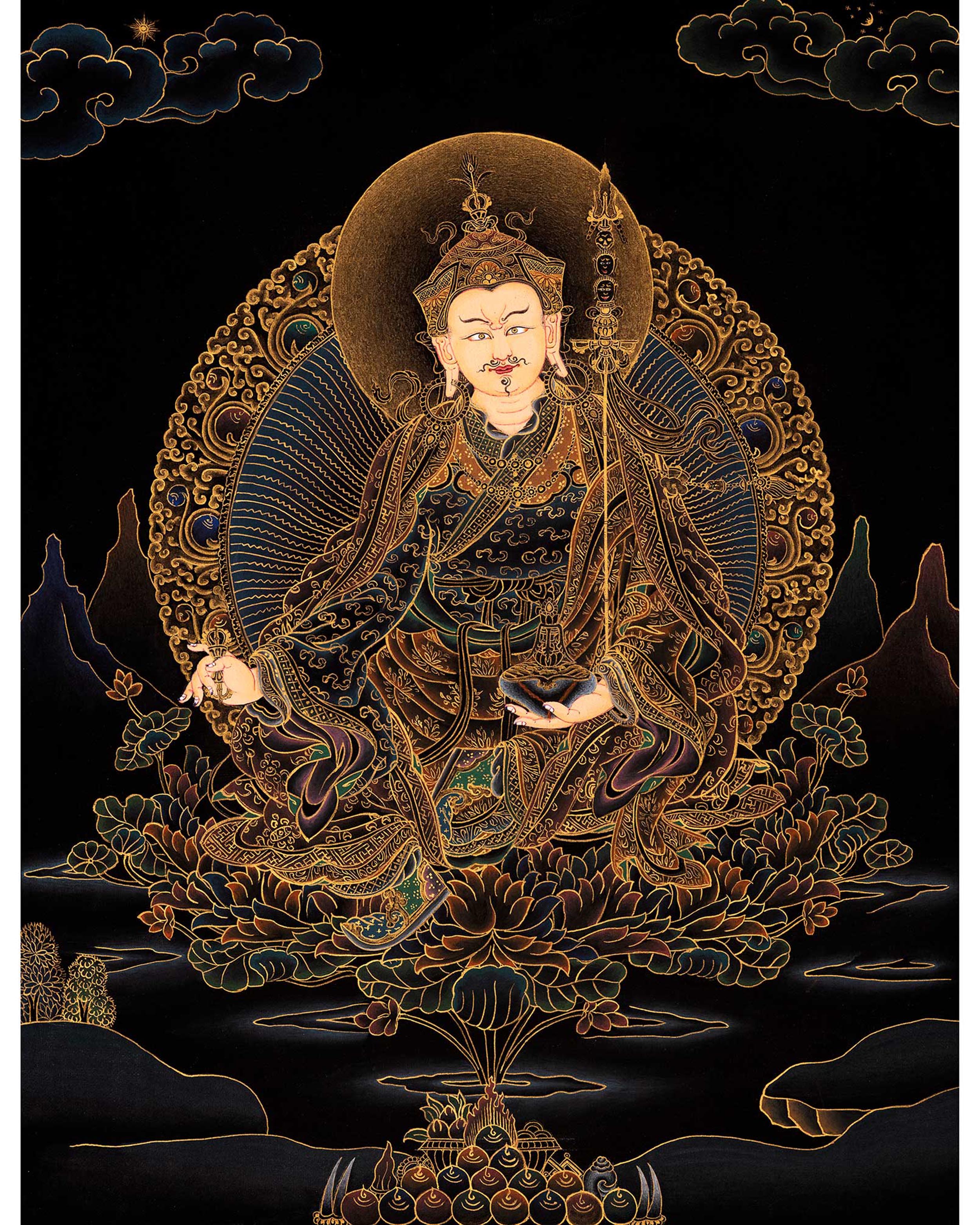 Small Gold on Black Thangka of Guru Rinpoche