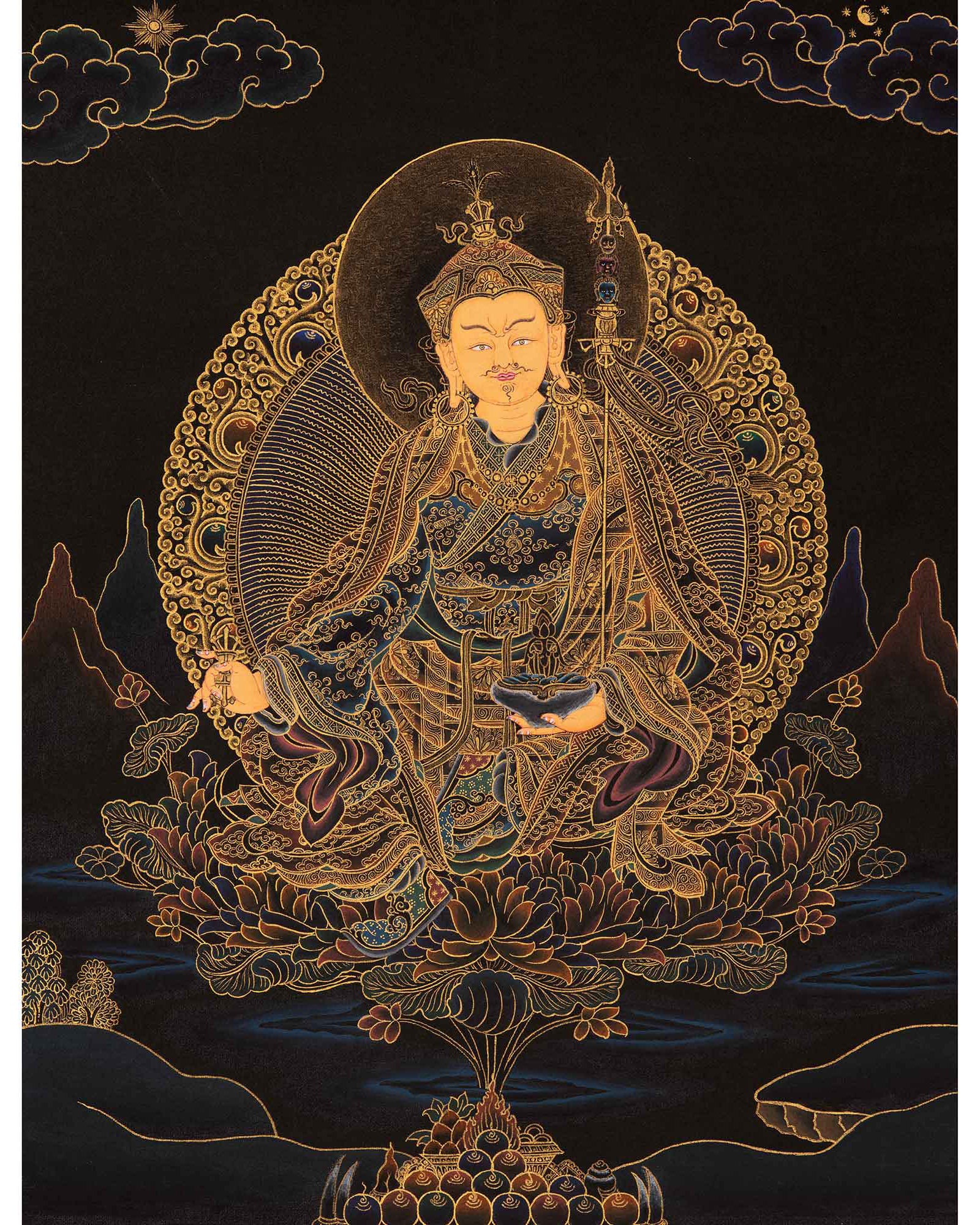 Guru Rinpoche Tibetan Thangka | Genuinely Gold Gilded Buddhist Art