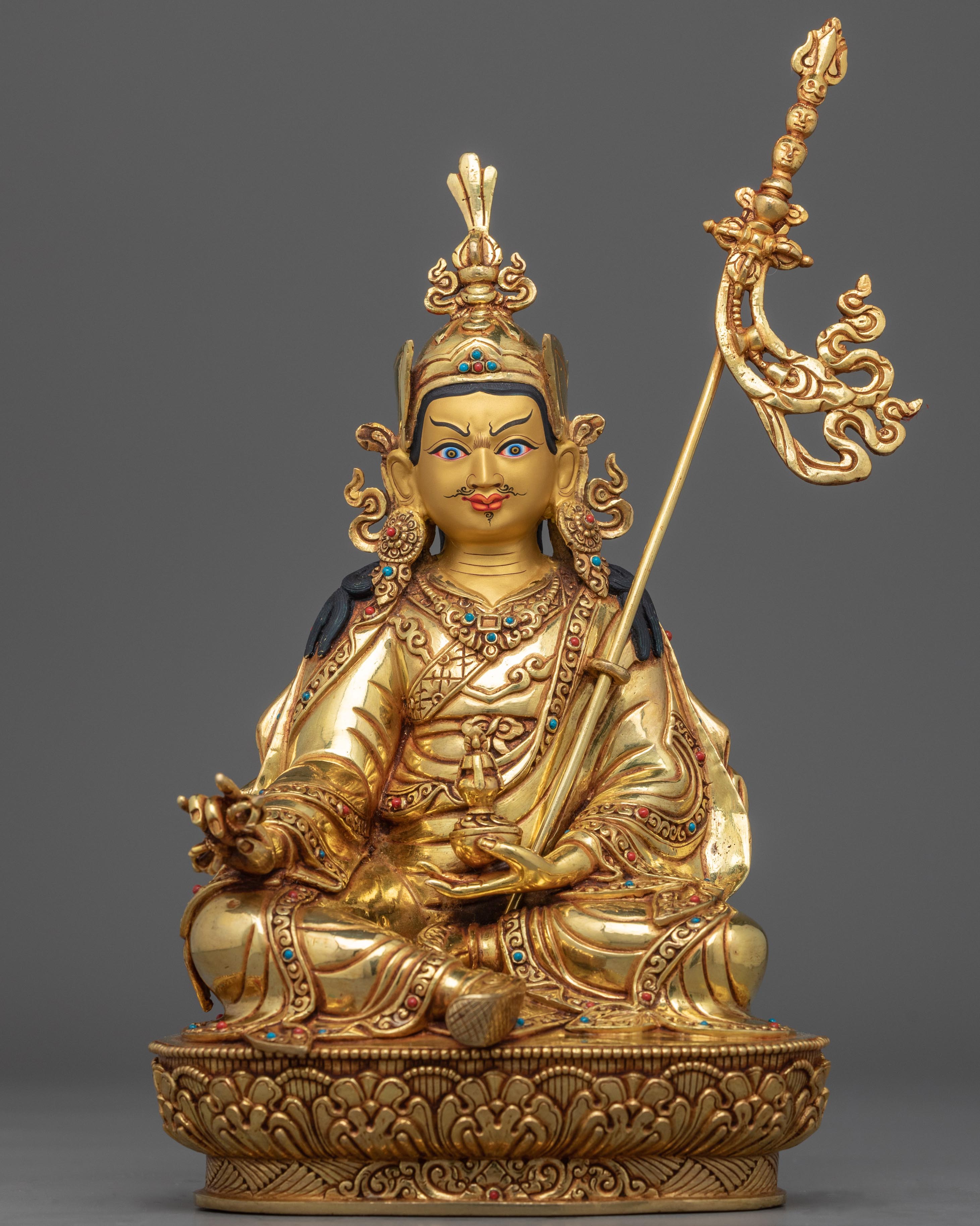 24K Gold Gilded Statue To Practice Guru Rinpoche Mantra In Tibetan | Lotus Born Master Art
