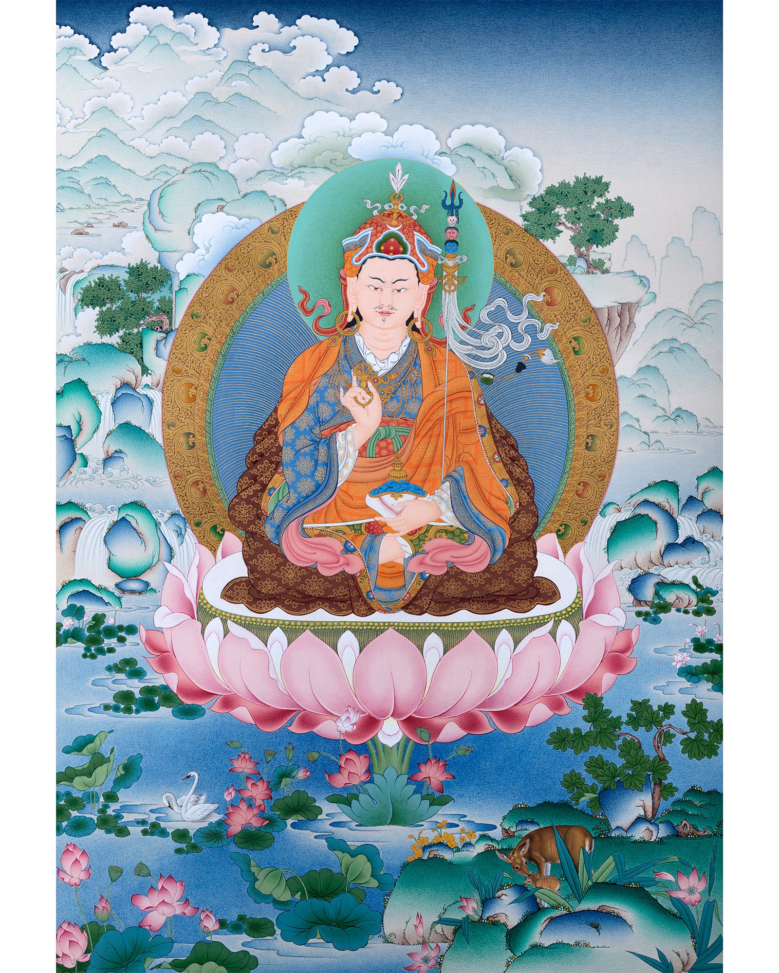 Guru Rinpoche, Padmasambhava Thangka, Tibetan Buddhist Painting in Natural Stone Color & 24K Gold (includes a silk brocade)