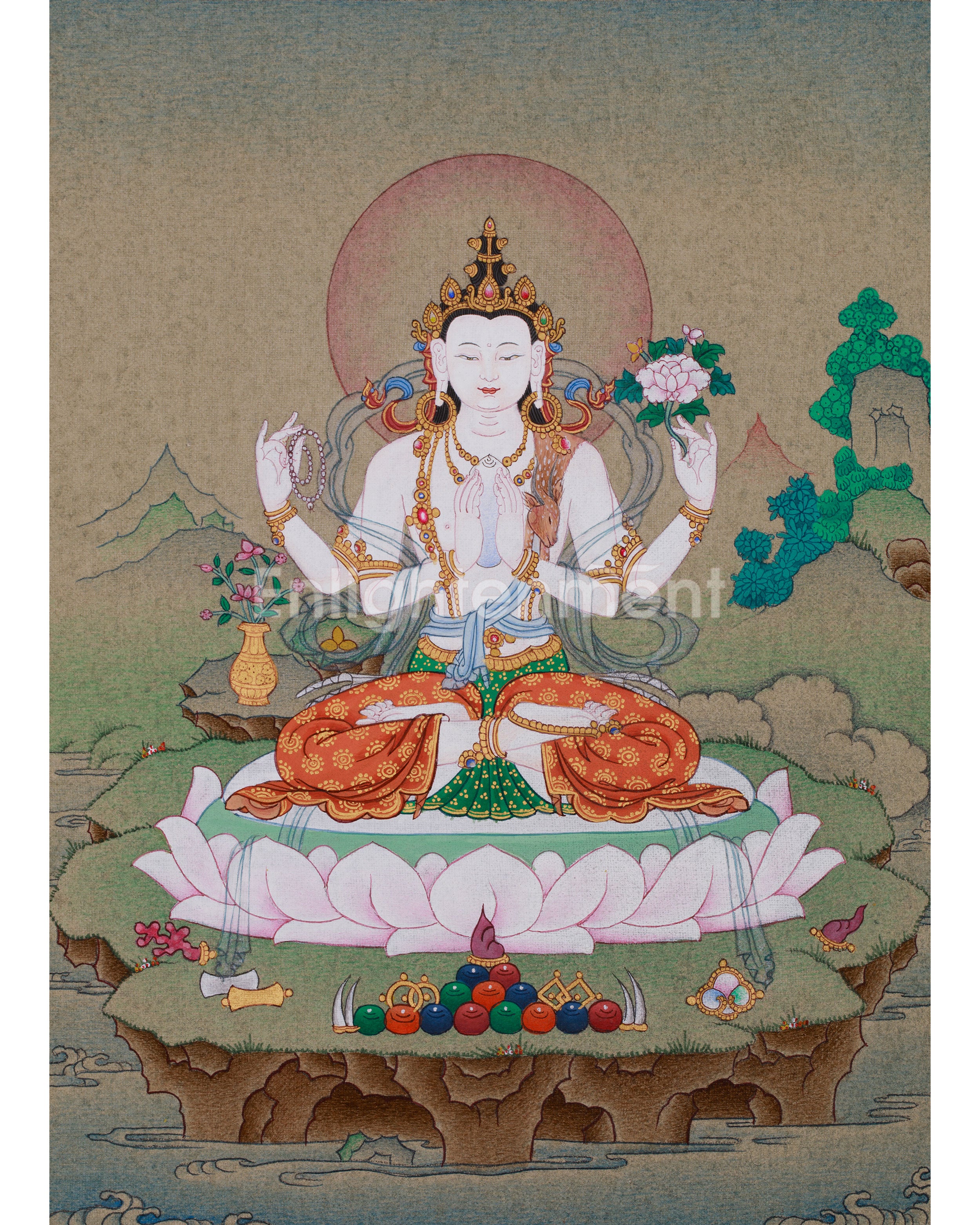 Hand-Painted Tibetan Chenrezig Thangka