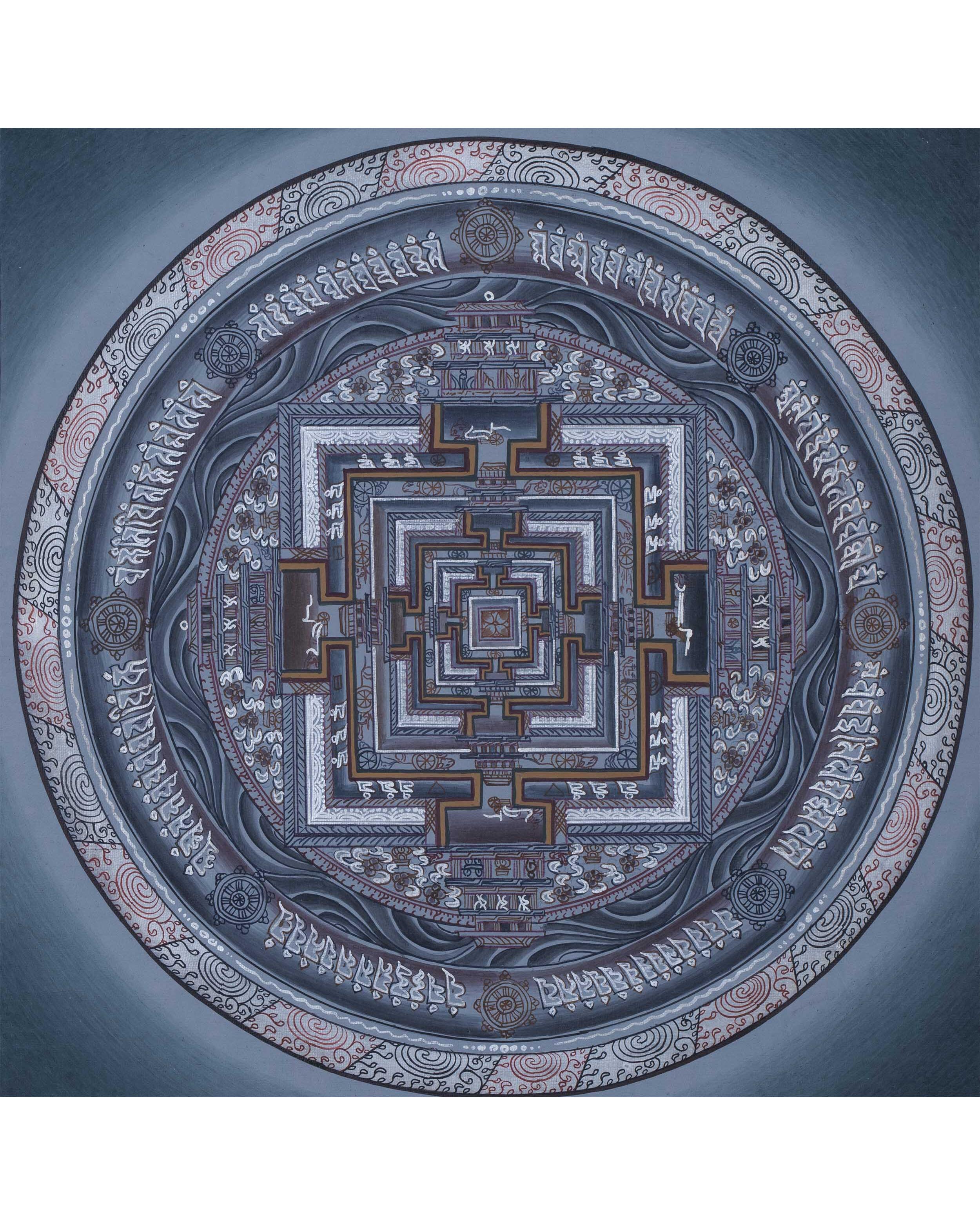 Grey Colored Kalachakra Mandala Thangka With Silver