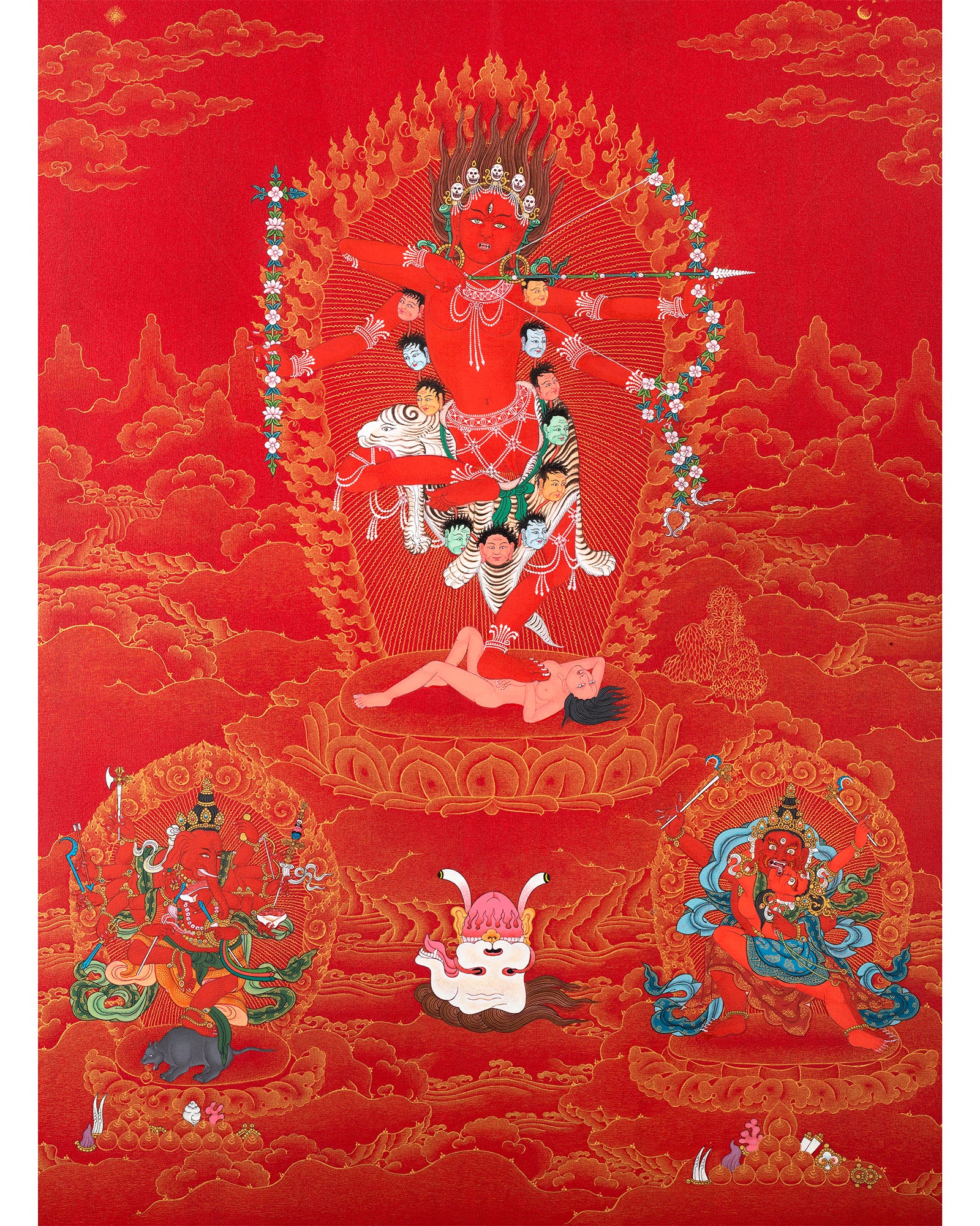 Kurukulla with Ganesh And Takiraja | Tibetan Thangka in Marthang Style