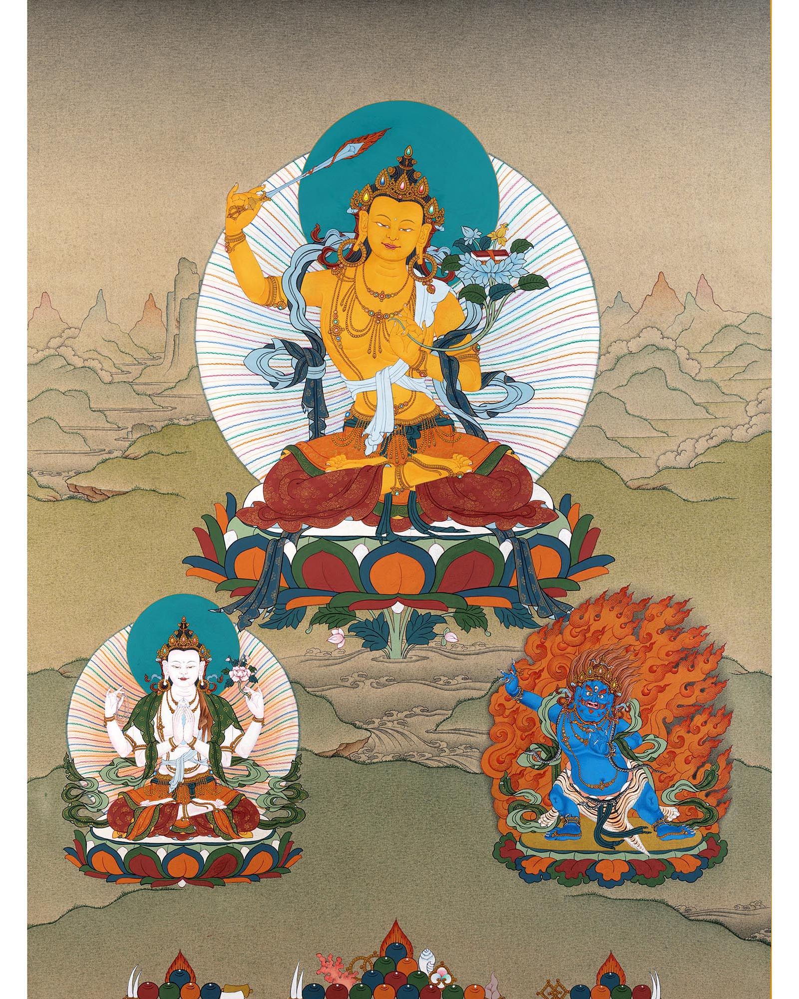 Manjushri With Chenrezig and Vajrapani Thangka | Tibetan Buddhist Thangka Painting