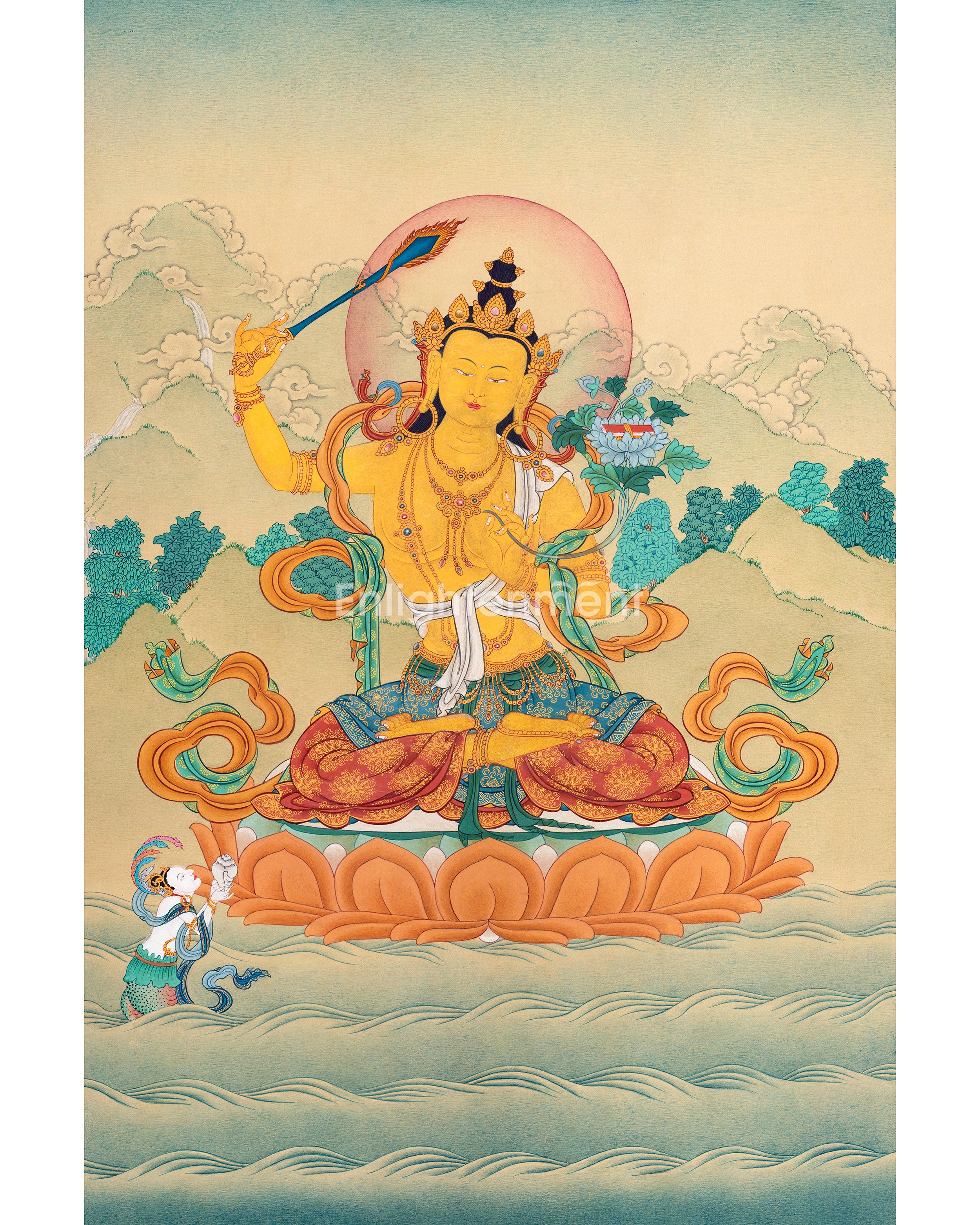 Buddha To Be, Manjushri Thangka | Bodhisattva Artwork for Home Decor | Vajrayana Buddhism