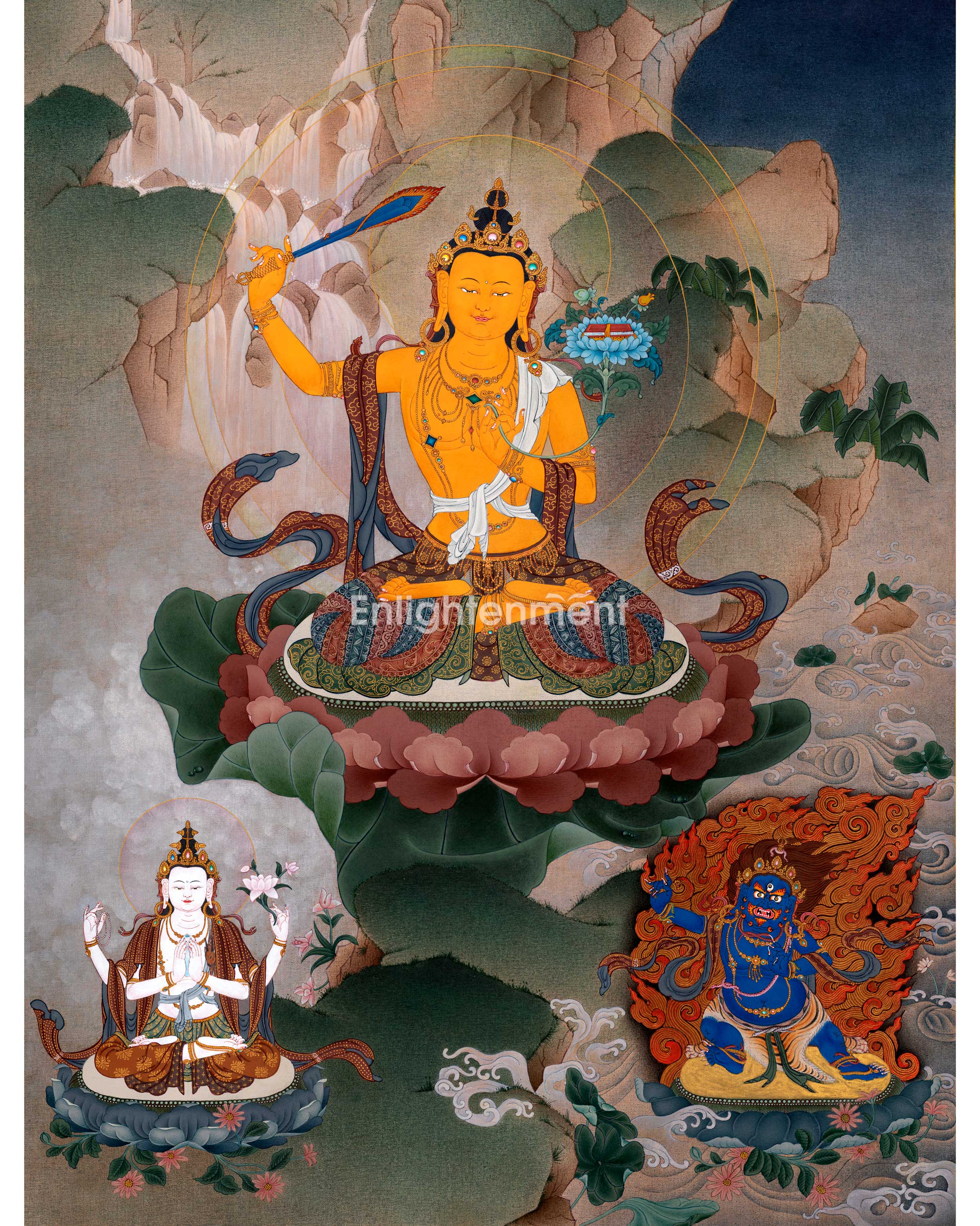 Manjushri with Chenrezig and Vajrapani Thangka