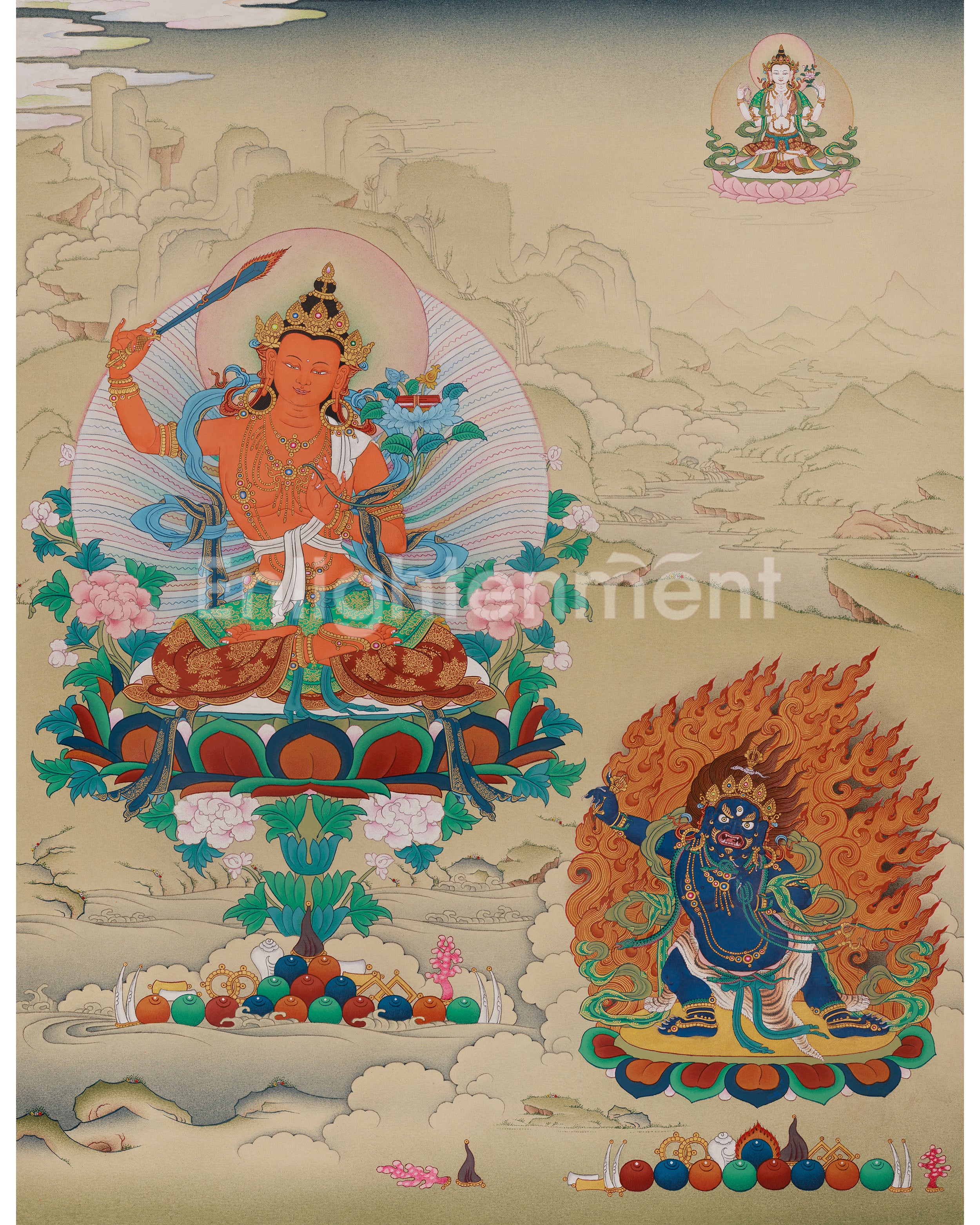 Manjushri With Vajrapani and Chenrezig Thangka