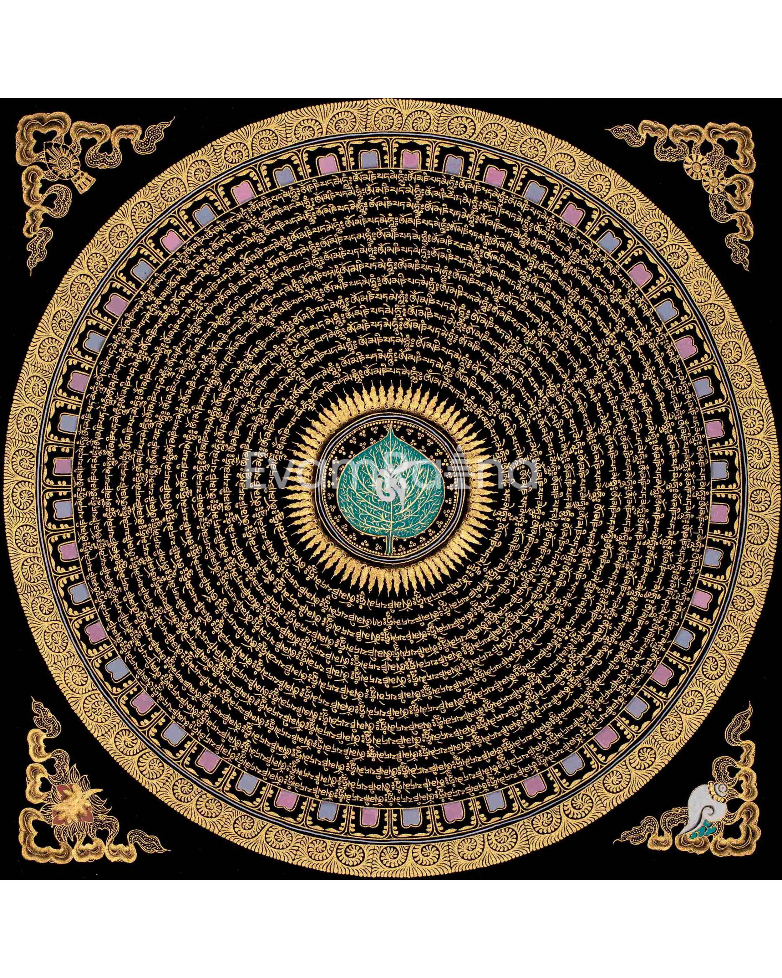 Mantra Mandala Thangka | Genuine Hand Painted Om Mani Padme Hum Painting Art | Wall Hanging Decor | Black And Gold Style Mandala