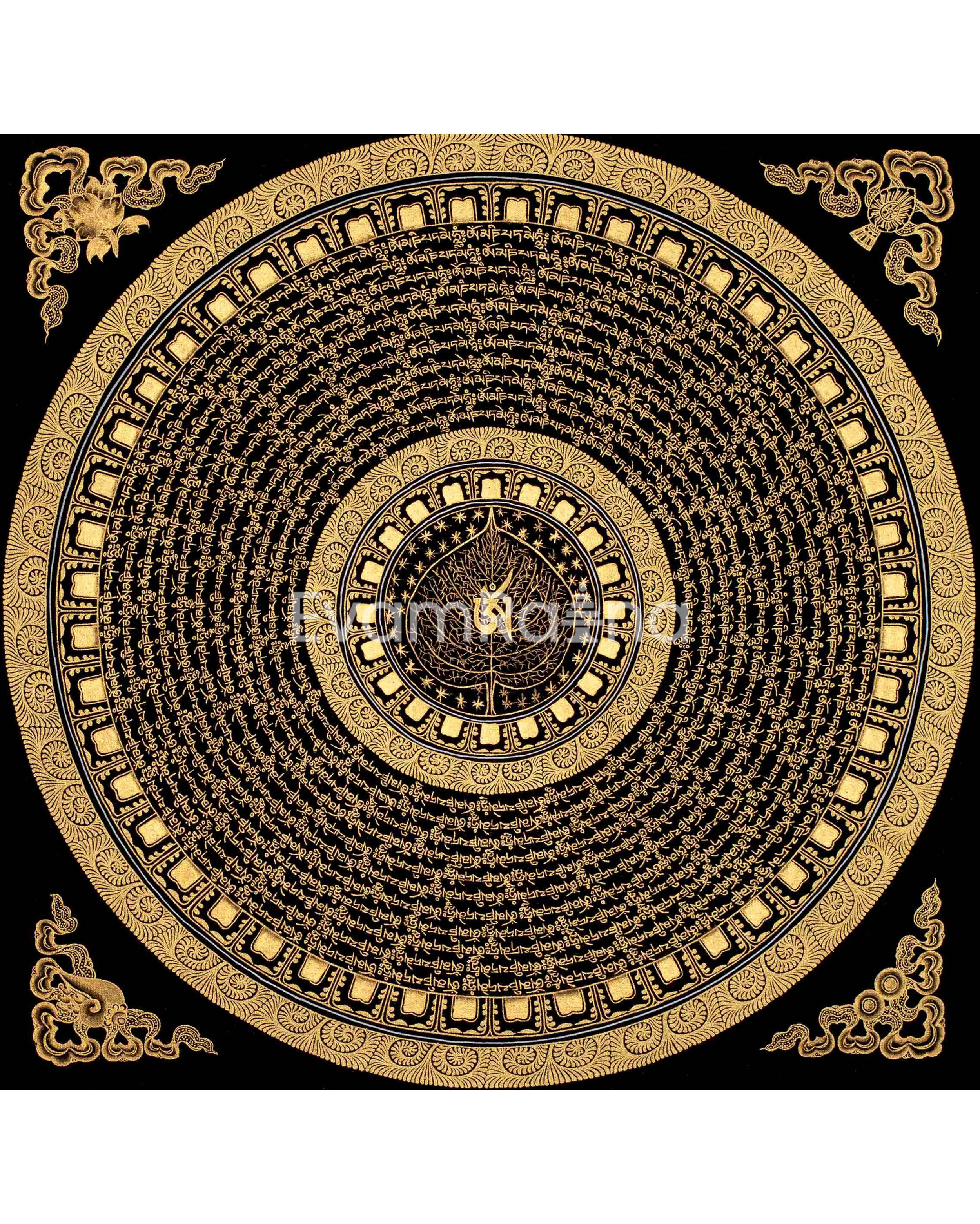 Mantra Mandala Thangka | Genuine Hand Painted Om Mani Padme Hum Painting Art | Wall Hanging Decor | Black And Gold Style Mandala