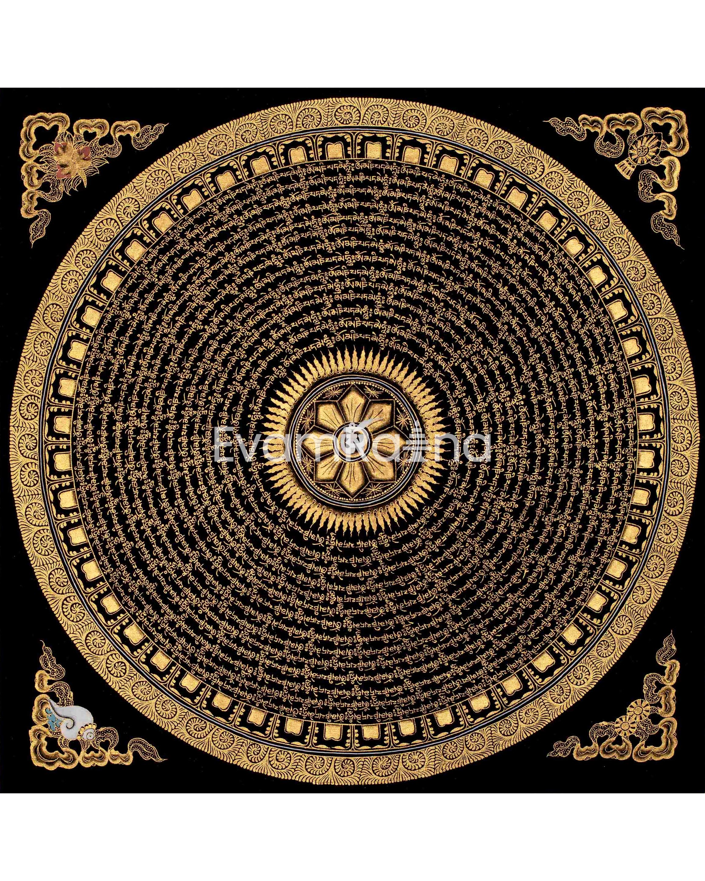 Original Hand Painted Mantra Mandala Thangka | Black And Gold Style Mandala