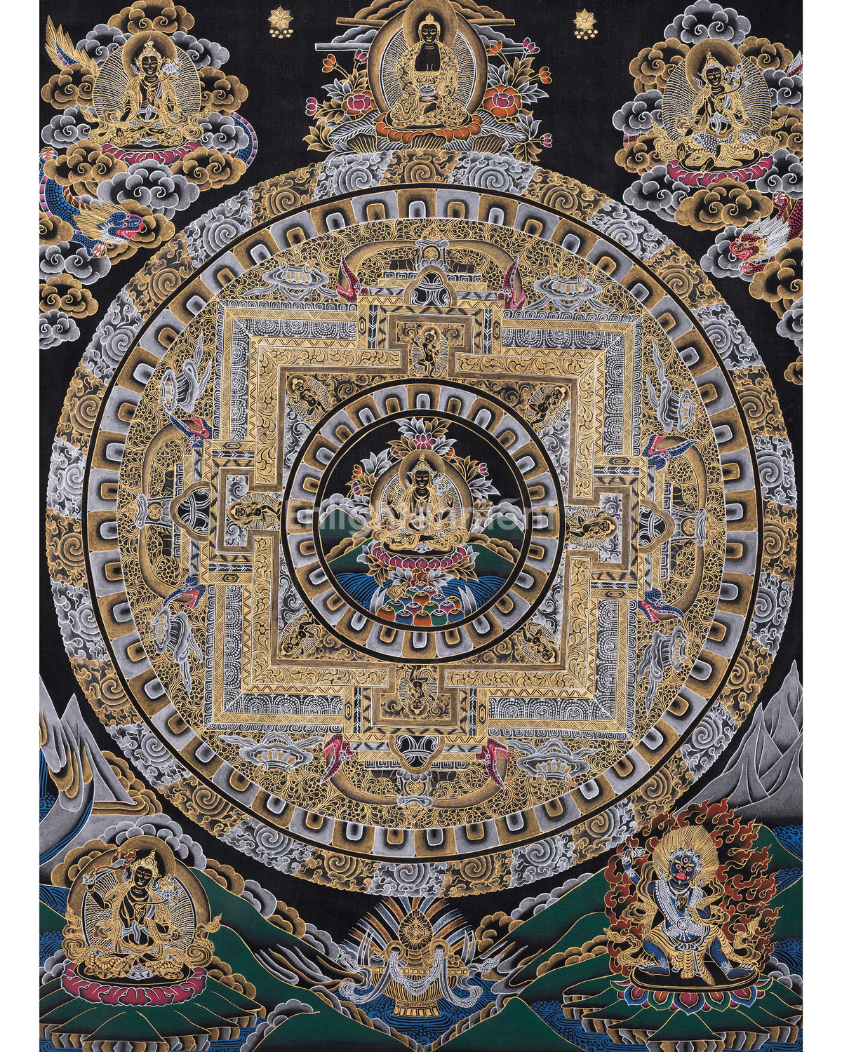 Original Hand Painted Black And Gold Style Chengrezig Mandala Thangka