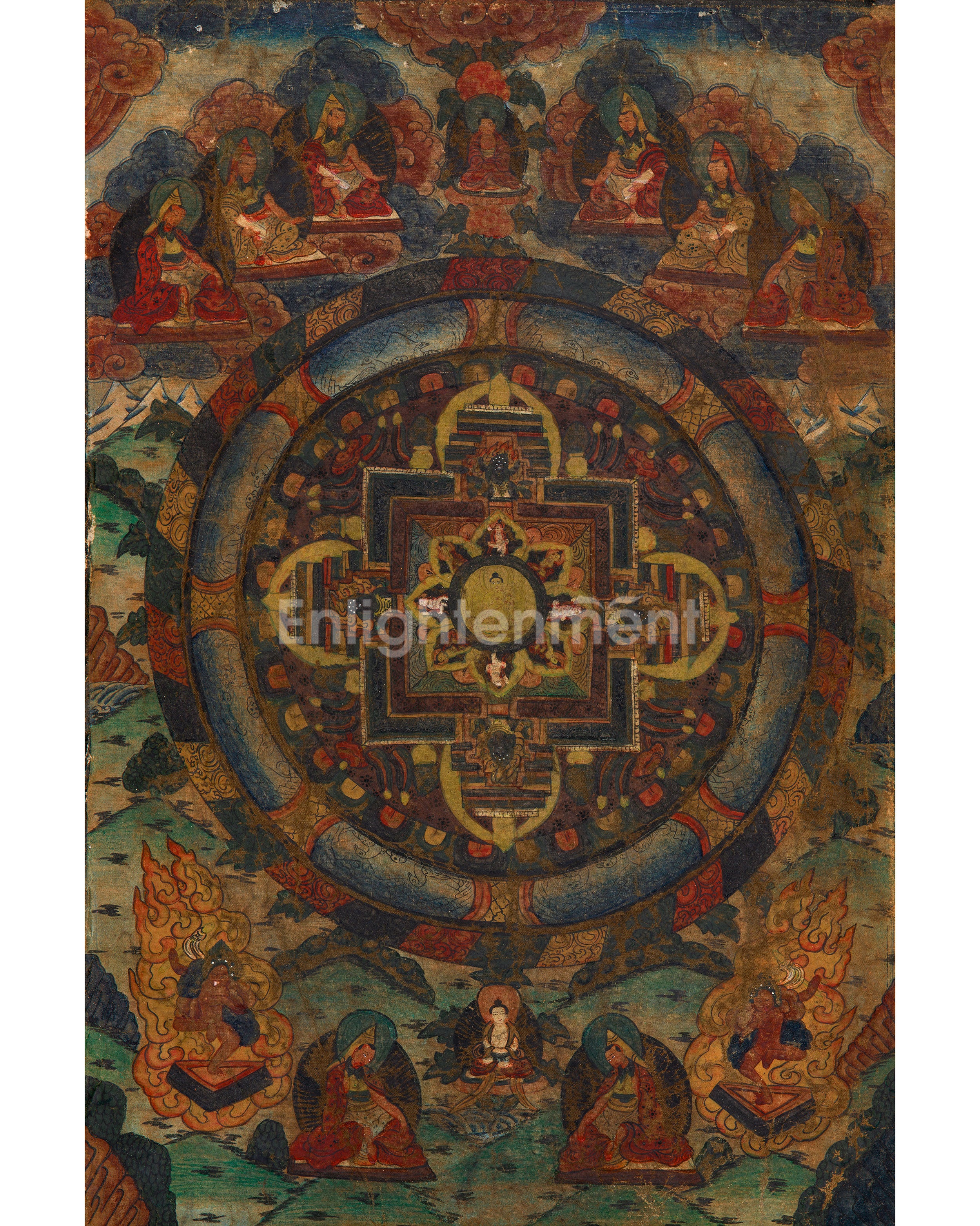 Hand-Painted Vintage Buddha Mandala Thanka | Vajrayana Meditation Painting