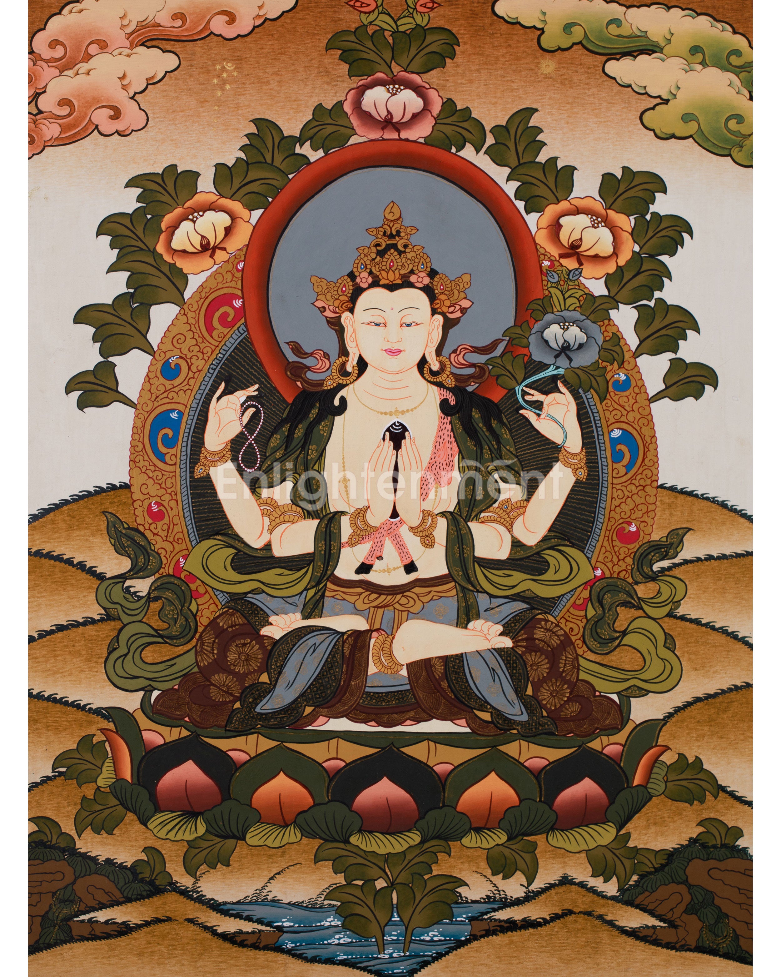 Original Hand painted 4 Armed Chenrezig Bodhisattva Thangka | Hand Painted Buddhist Art