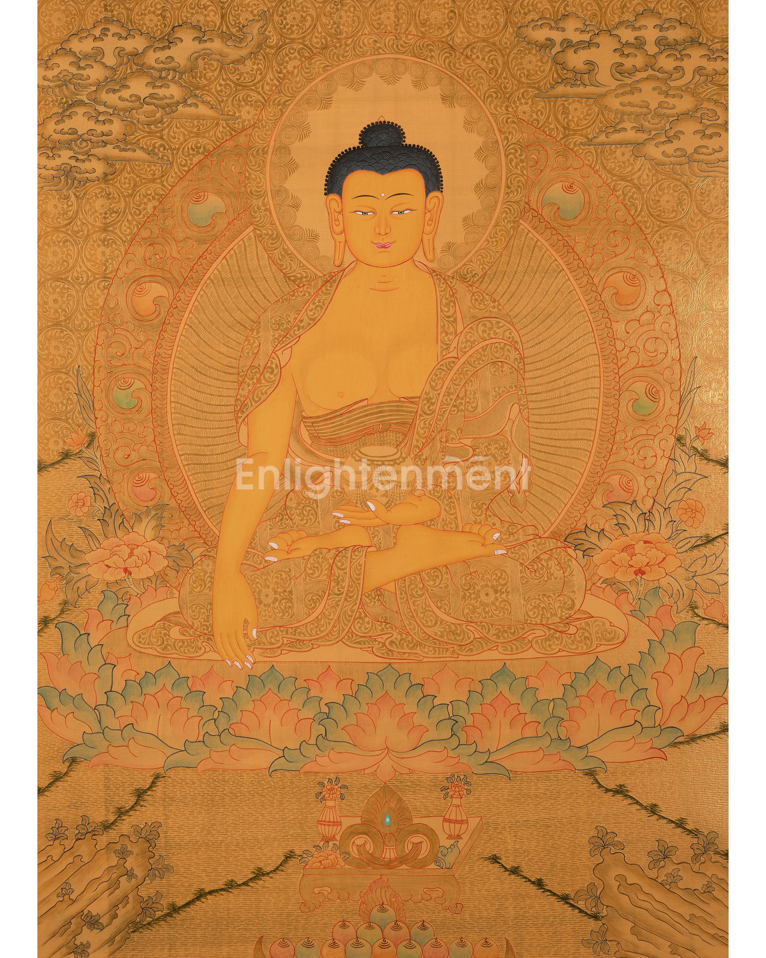 Traditional 24K Gold Style Shakyamuni Buddha Thangka | Symbol of Peace & Wisdom