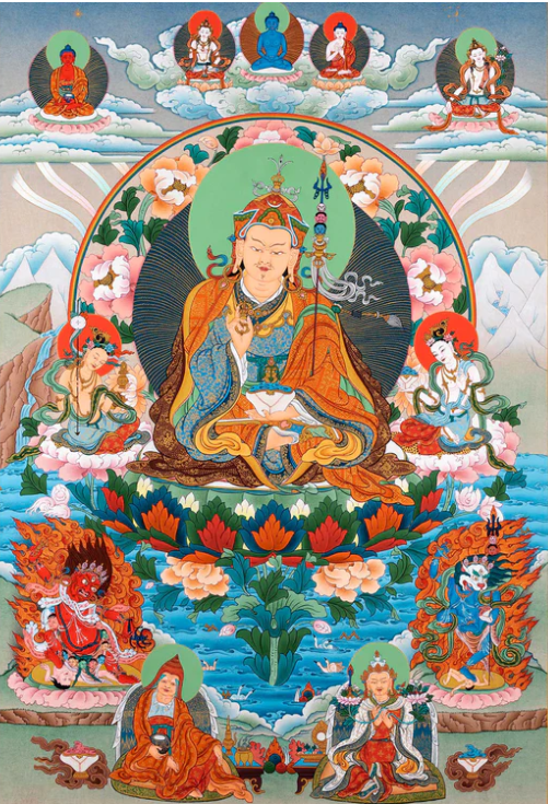 Guru Padmasambhava Thangka Print With Consorts