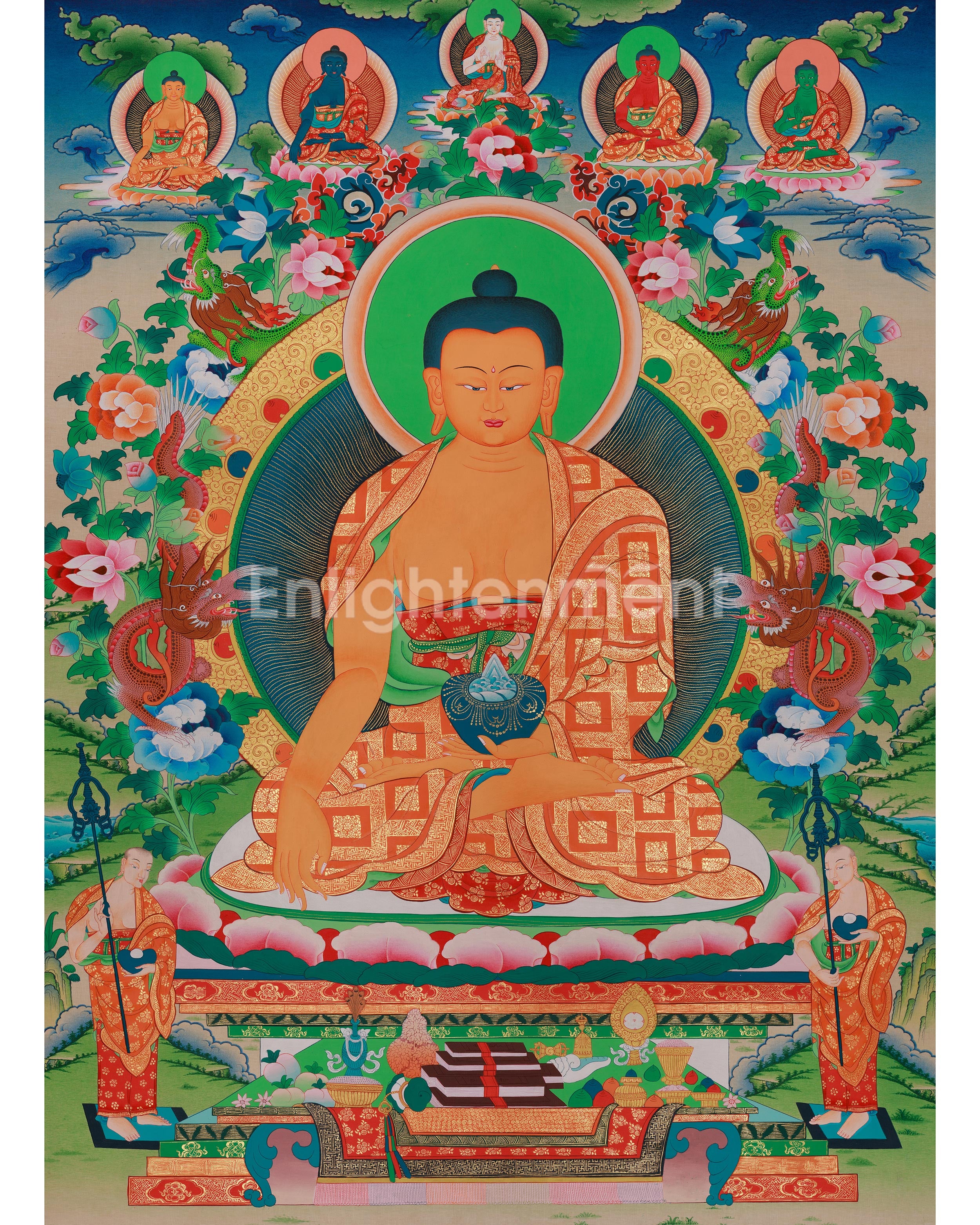 Shakyamuni Buddha With Five Dhyani Buddhas Thangka