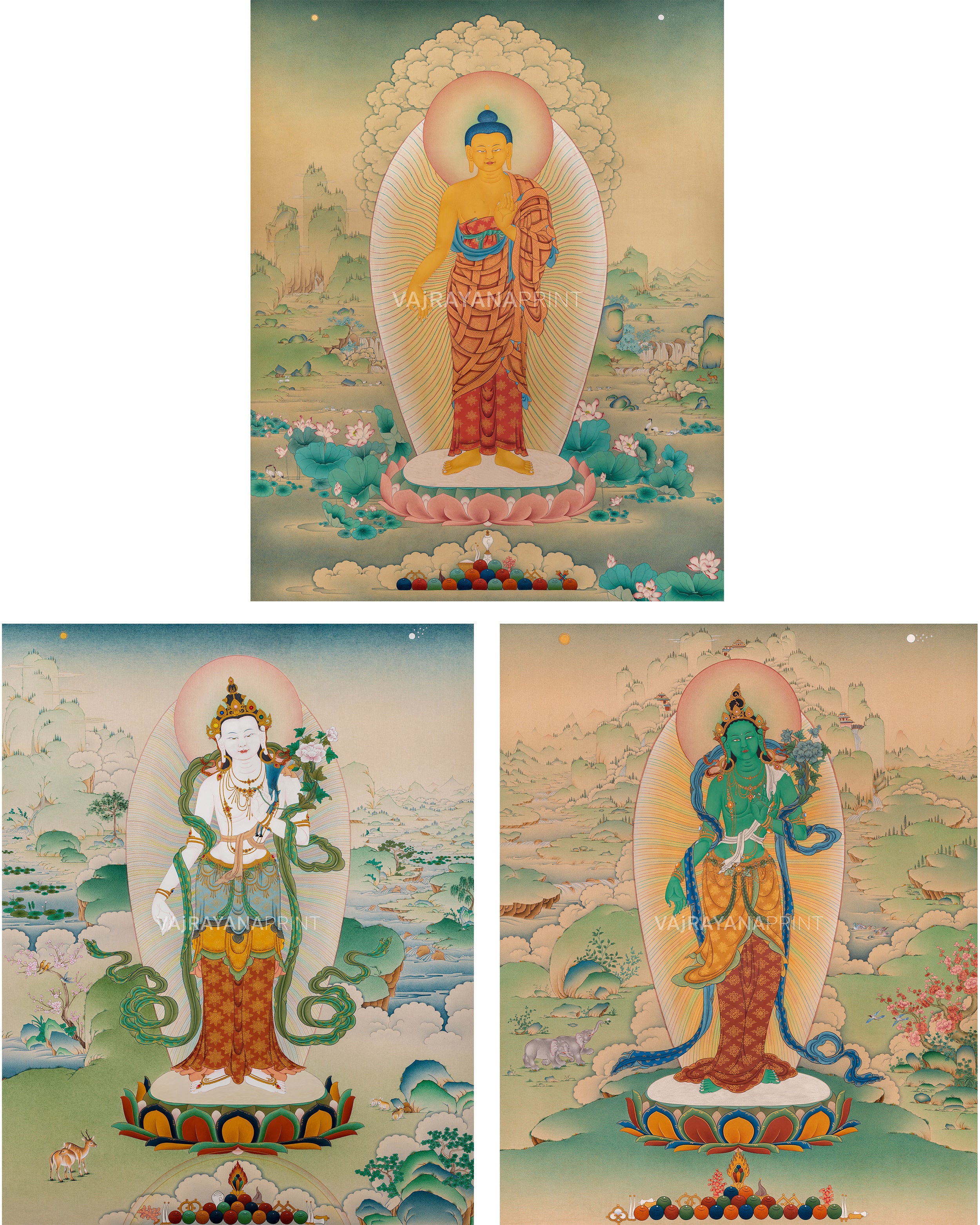 Trinity of Enlightenment: Shakyamuni Buddha, Green Tara, Avalokiteshvara | Exclusive Karma Gadri Art Prints