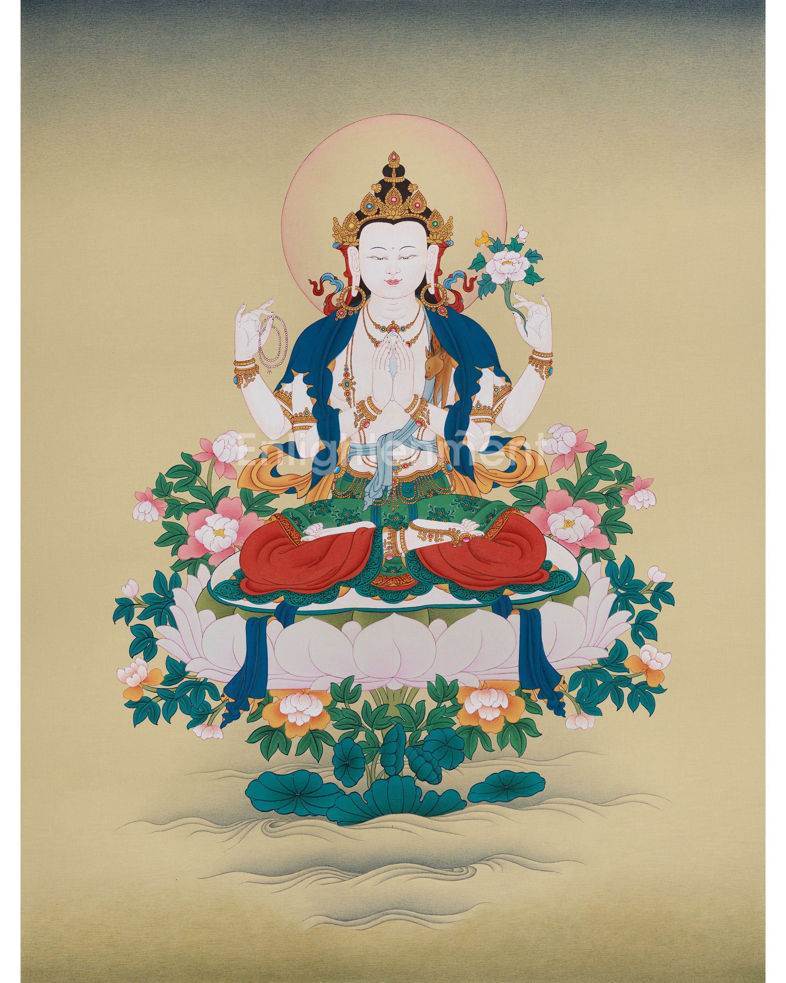 Spiritual Thangka Of Four-Armed Chenrezig