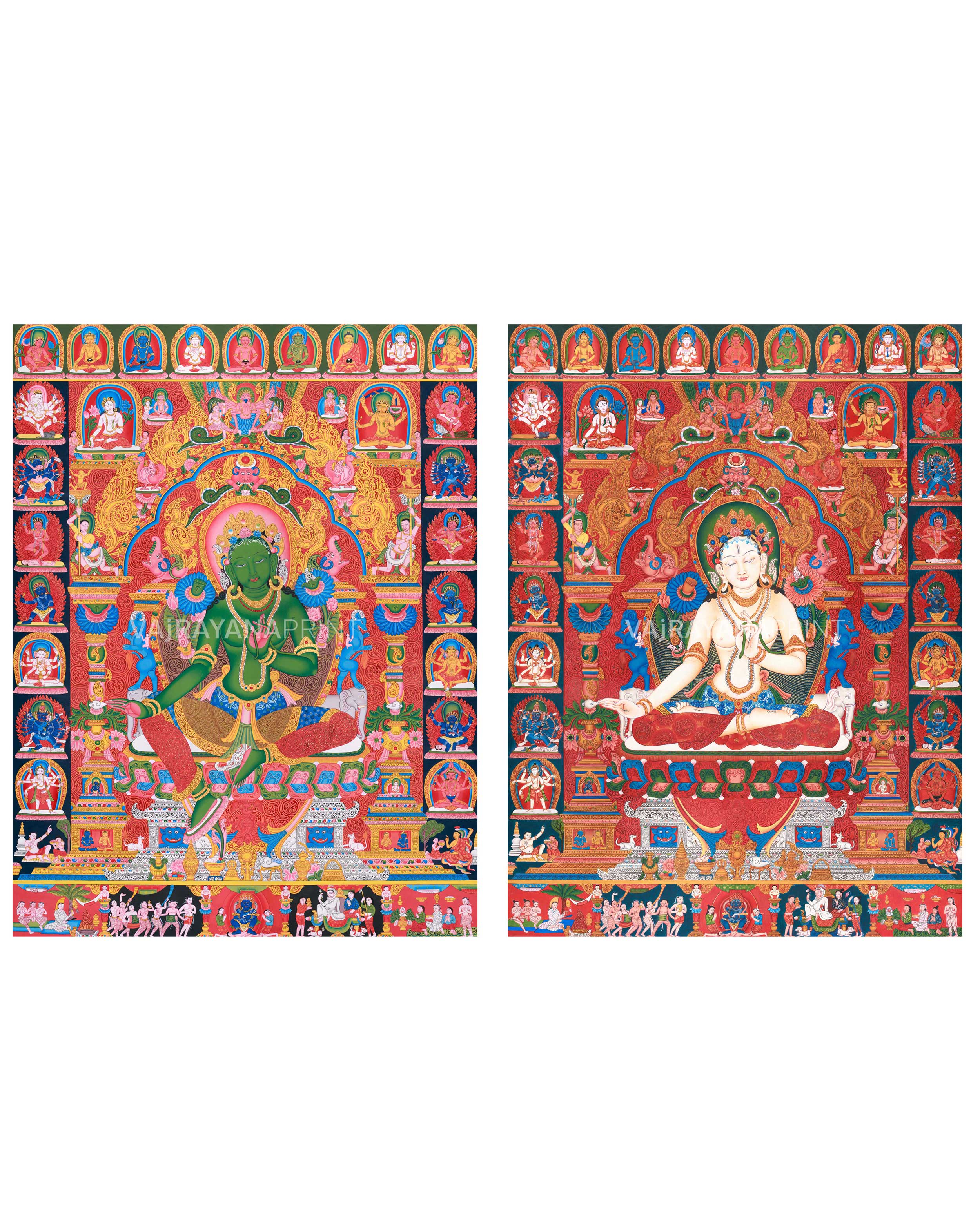 Tara's Radiant Duality: Green Tara and White Tara - Traditional Newari Buddhist Art