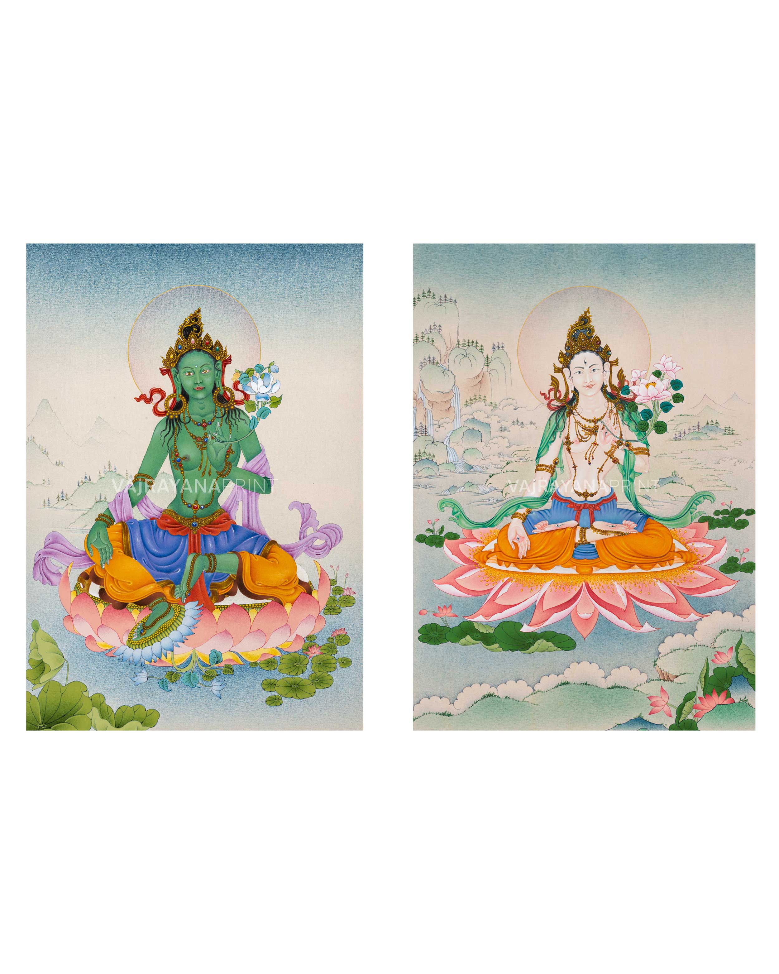 Magnificent Tara Duo: White Tara and Green Tara Thangka Prints