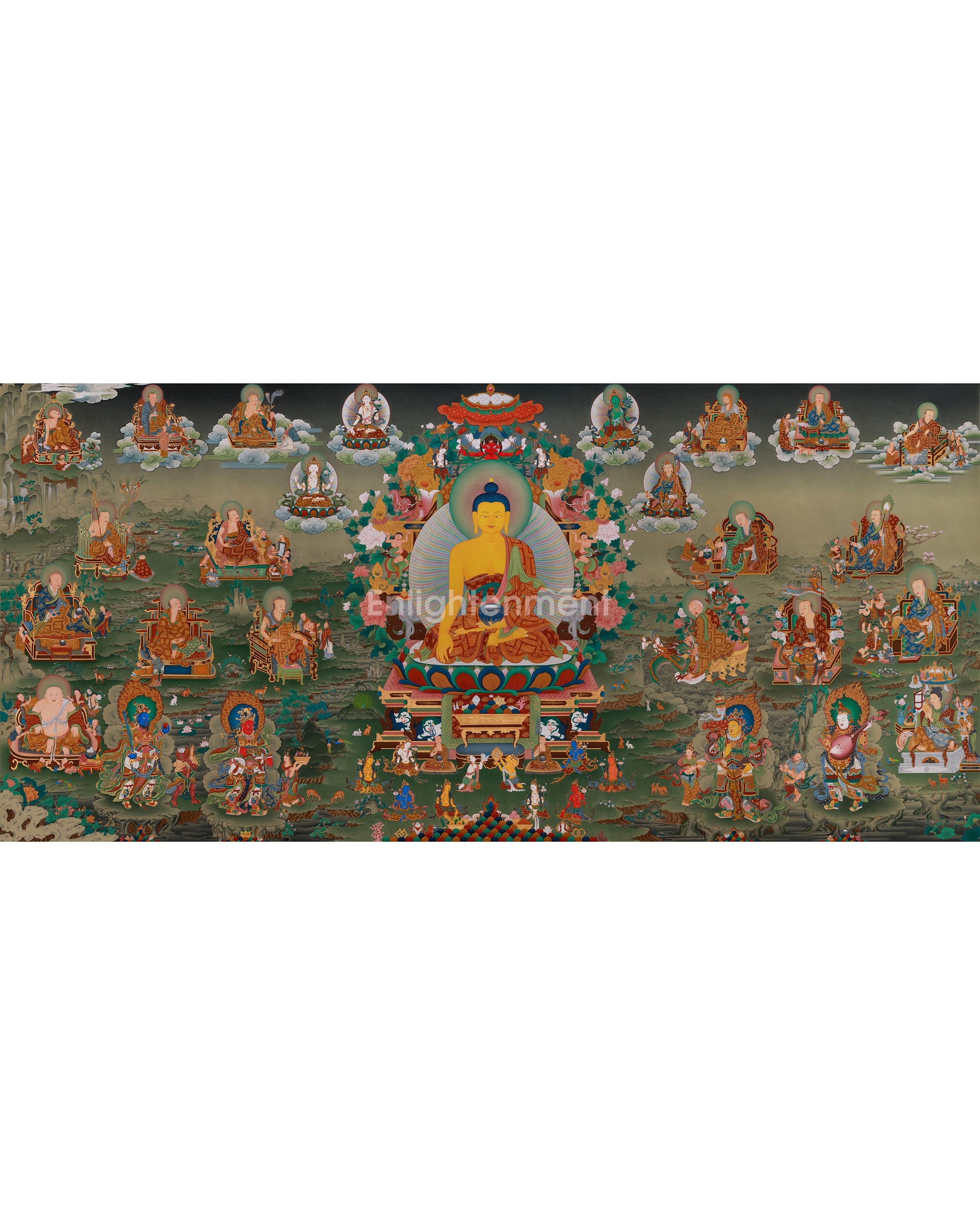 Tibetan Shakyamuni Buddha With 16 Arhat Thangka