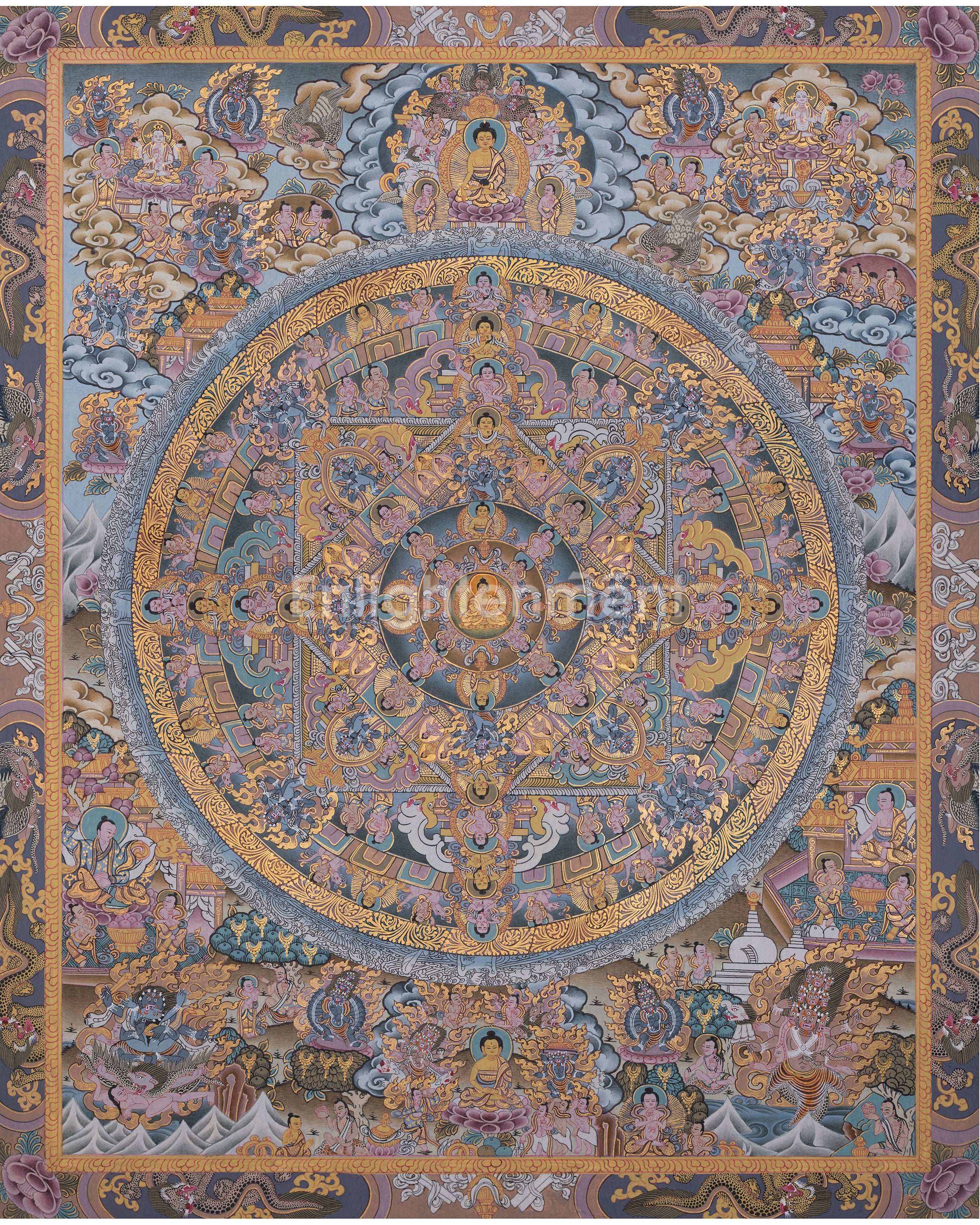 Traditional Painted Grey Colored Buddha Mandala