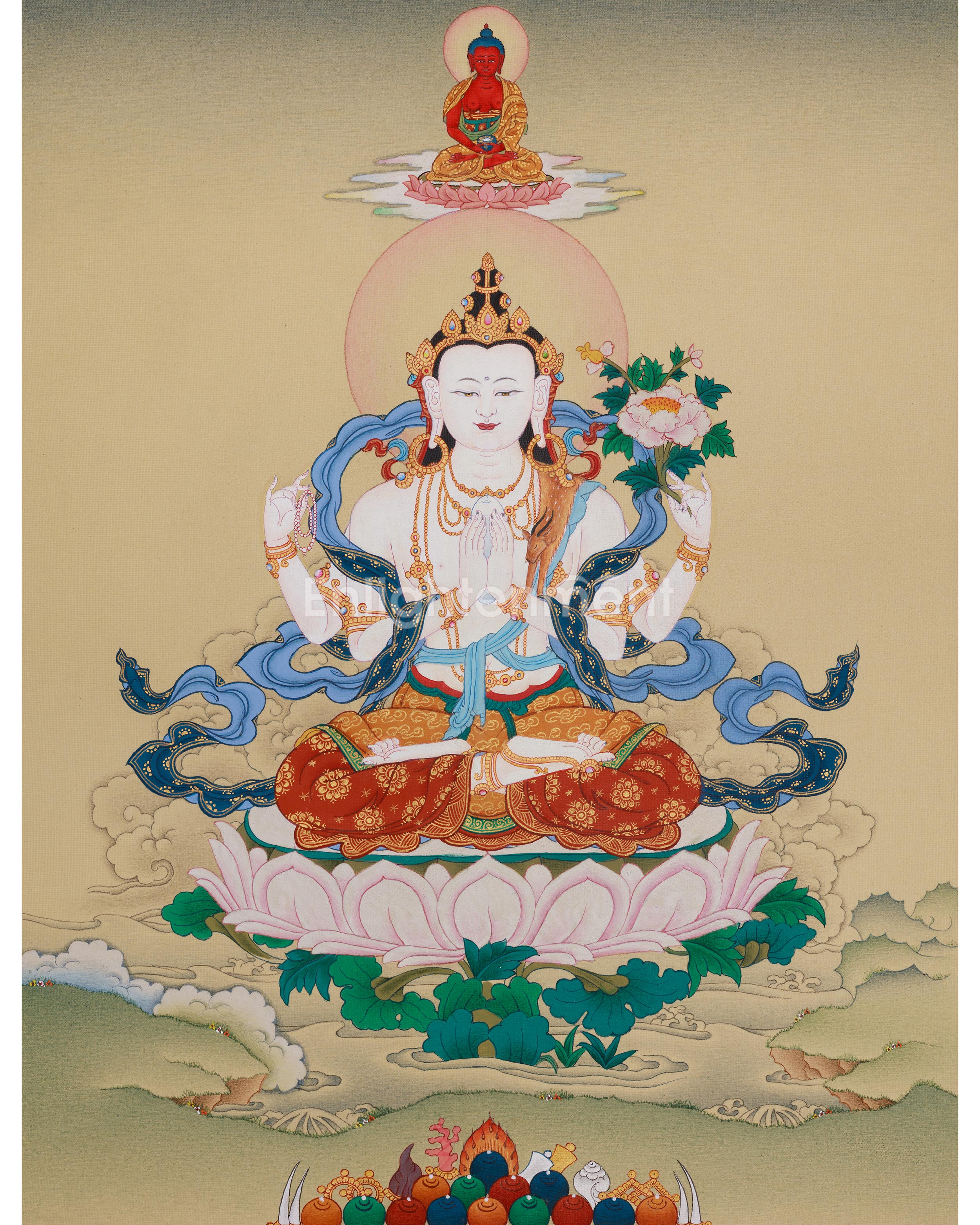 Traditional Thangka of Chenrezig with Amitabha Buddha